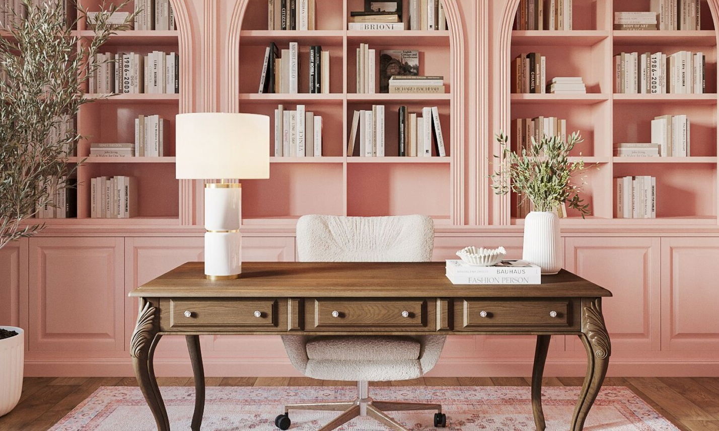 Opulent French Pink Office Library Renovation by interior designers in Richmond, Virginia