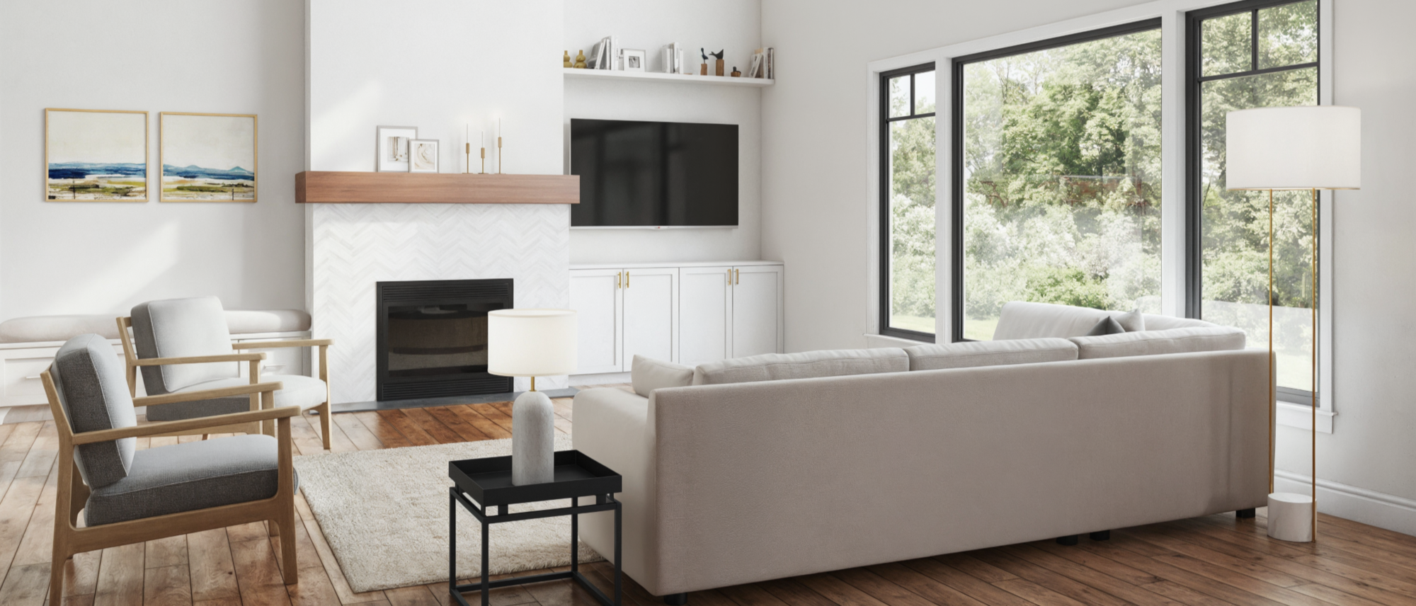 Sala de estar, cocina y comedor de concepto abierto acogedora-moderna - Renderizado después