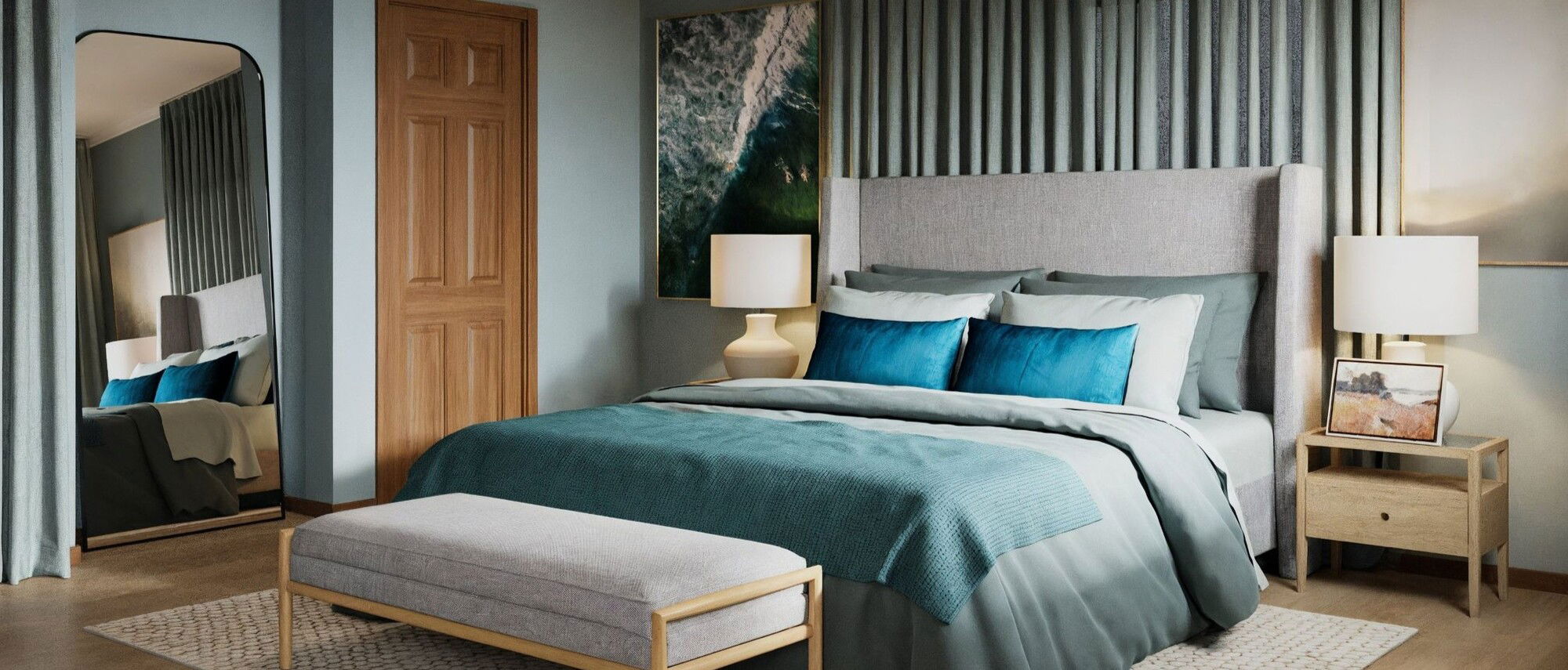 Blue and Green Modern Master Bedroom Design by affordable Eugene interior designers