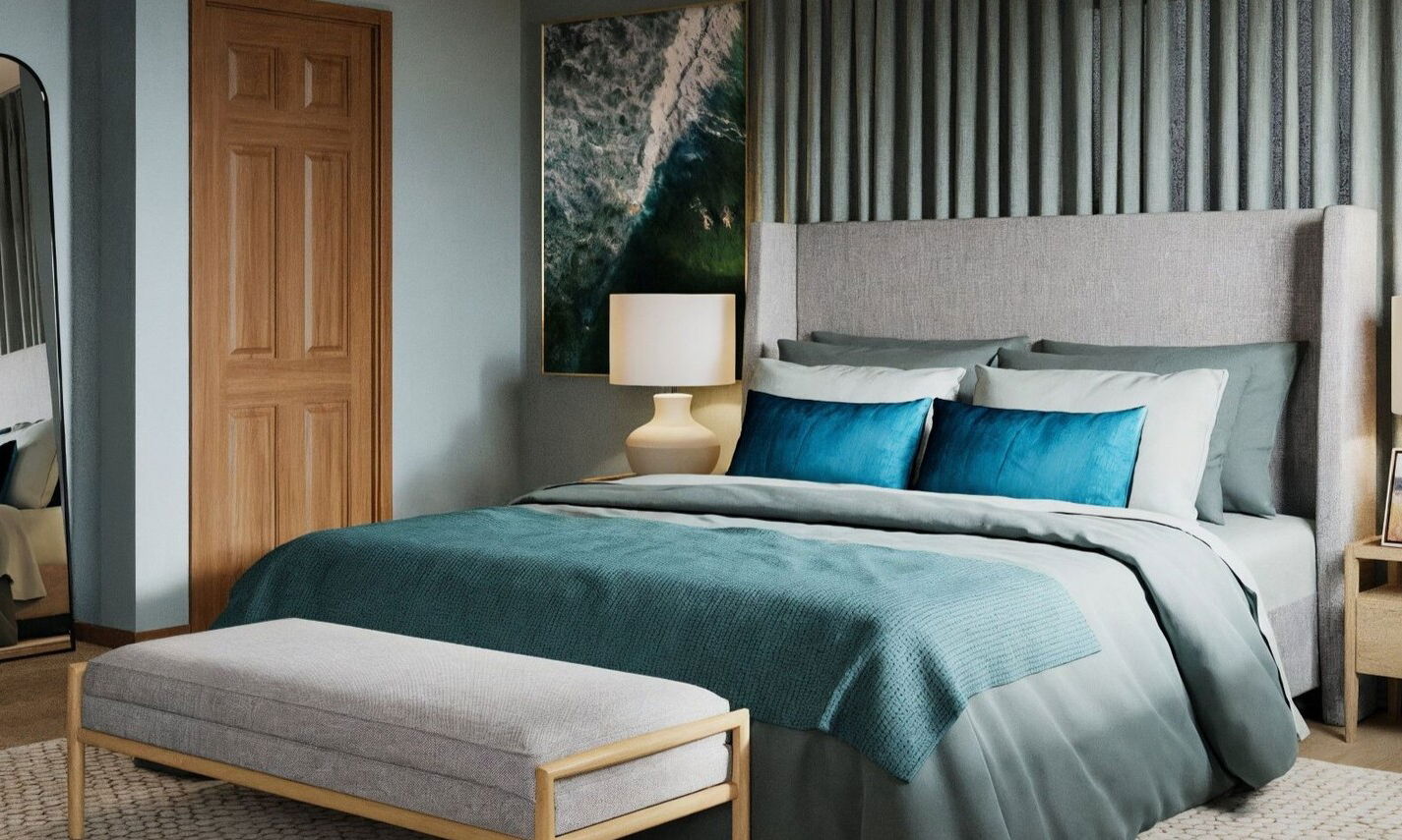 Diseño Moderno de Dormitorio Principal en Azul y Verde por los mejores diseñadores de interiores de Vancouver