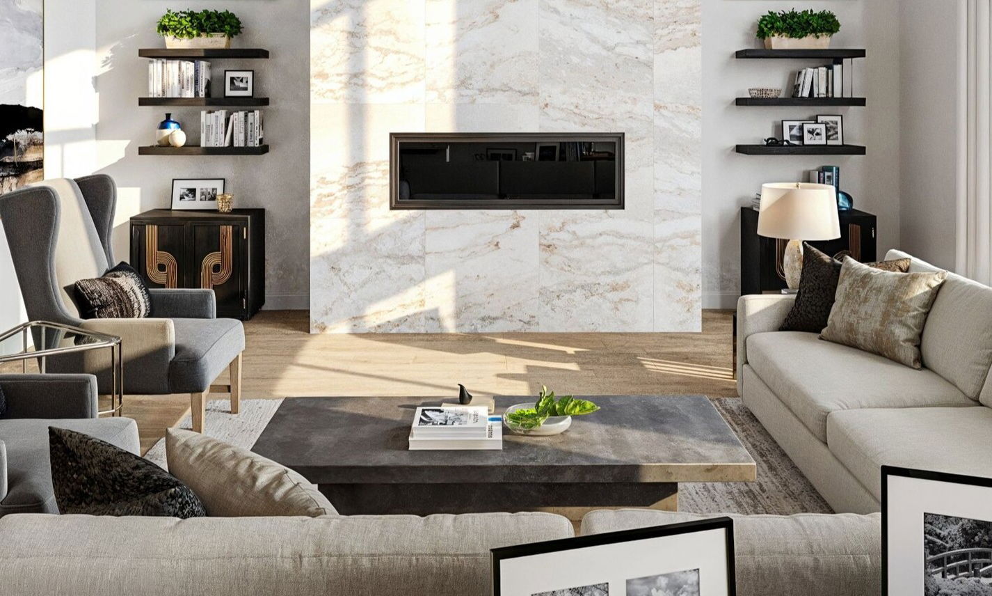 Black and White Living/Dining & Kitchen Design by affordable Fort Worth interior designers