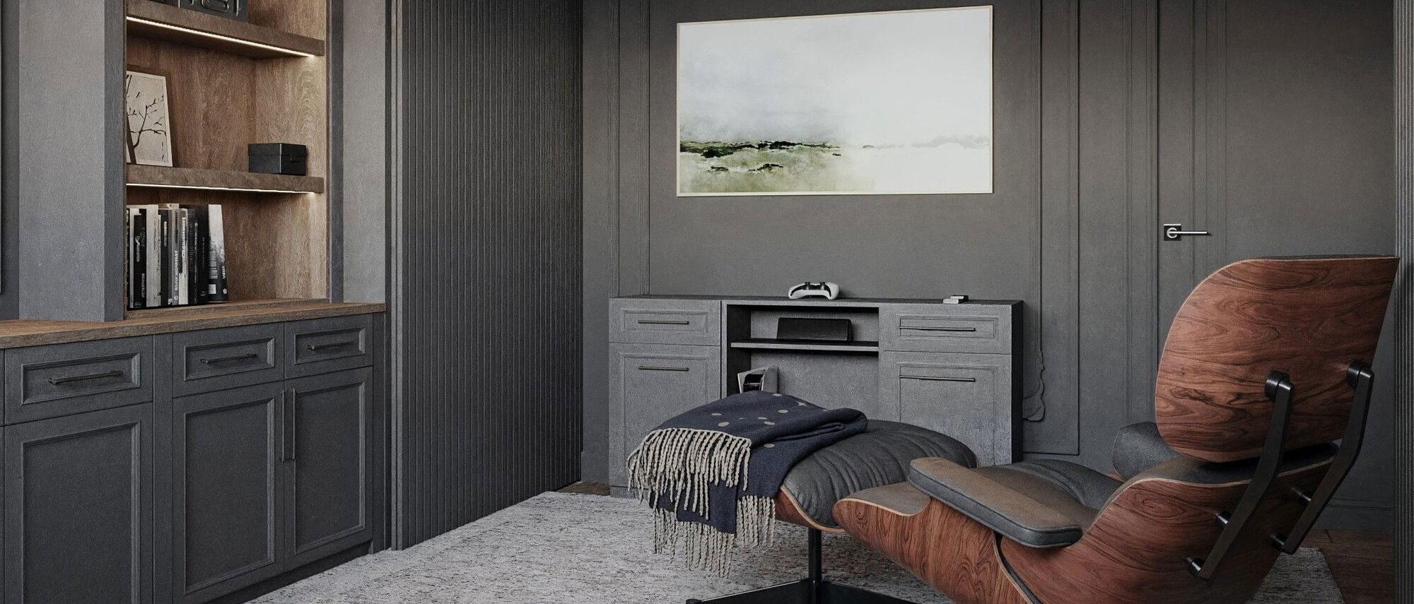 Elegant Dark Home Office with Modern Details- After Rendering