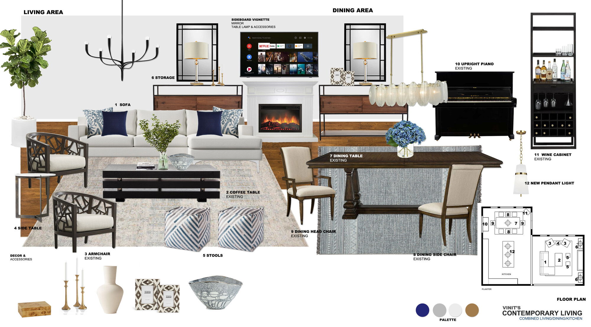 Ideas de Diseño de Interiores Combinadas de Sala-Comedor del Diseñador en Línea