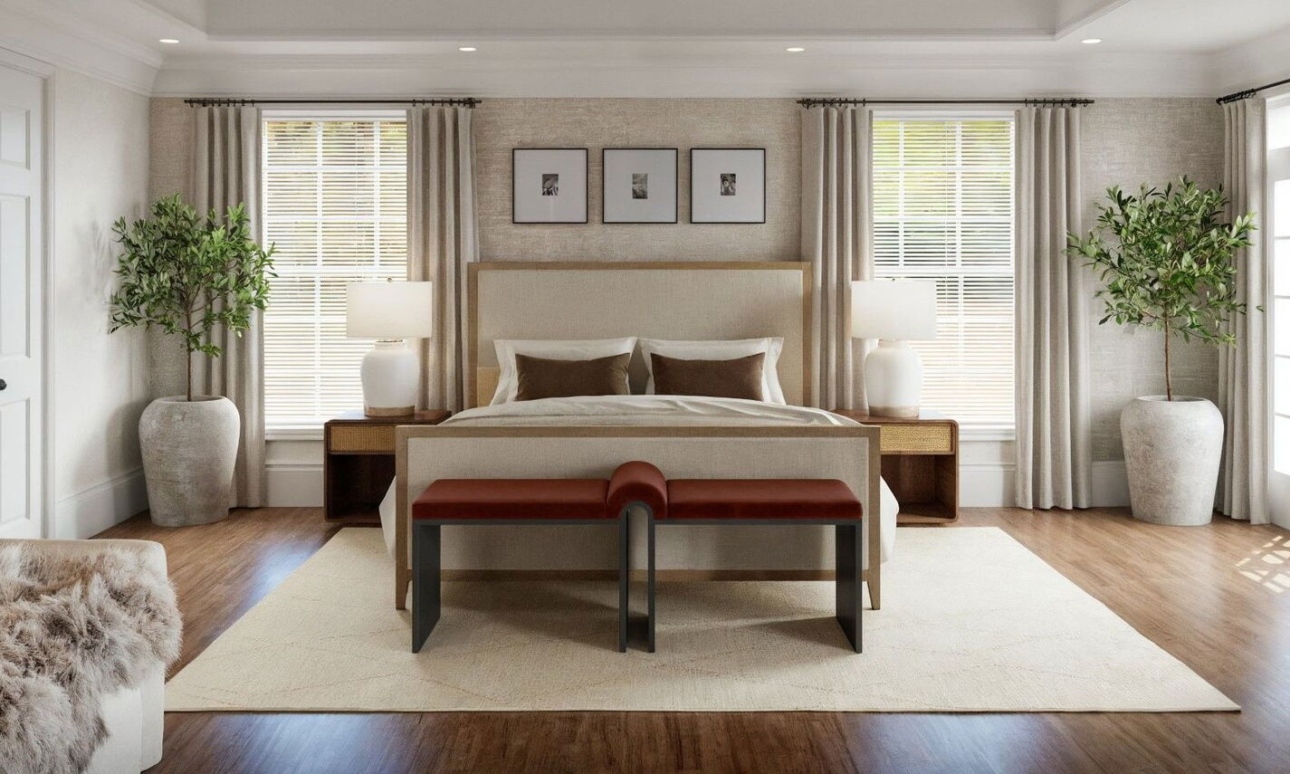 Transitional Neutral Master Bedroom Design by affordable Sandy Springs interior designers