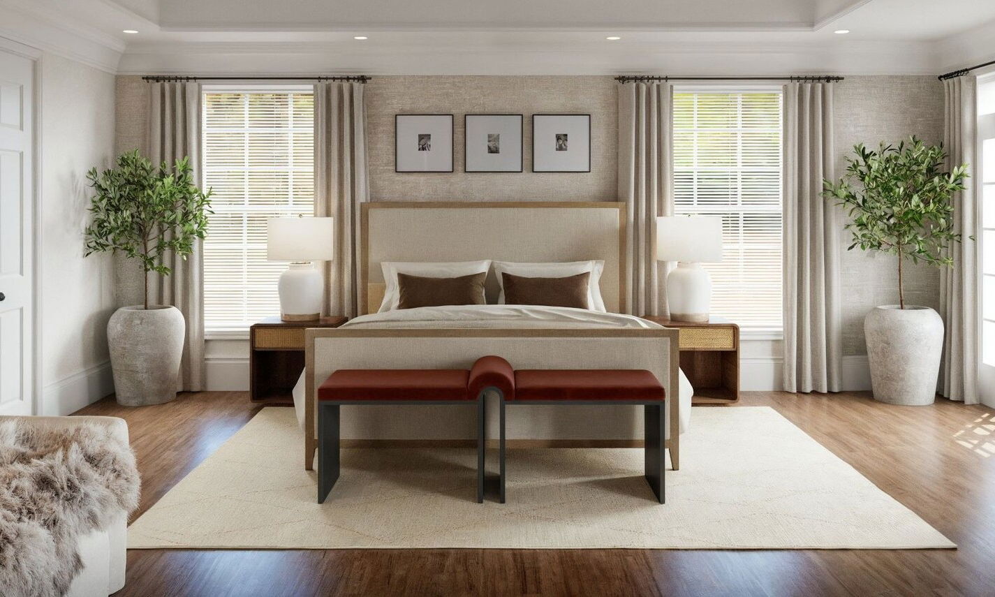 Transitional Neutral Master Bedroom Design by top Athens interior designers