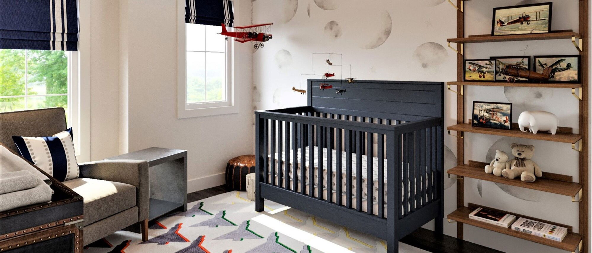 Rocket & Airplane Themed Nursery Design by interior designers in South Bend, Indiana