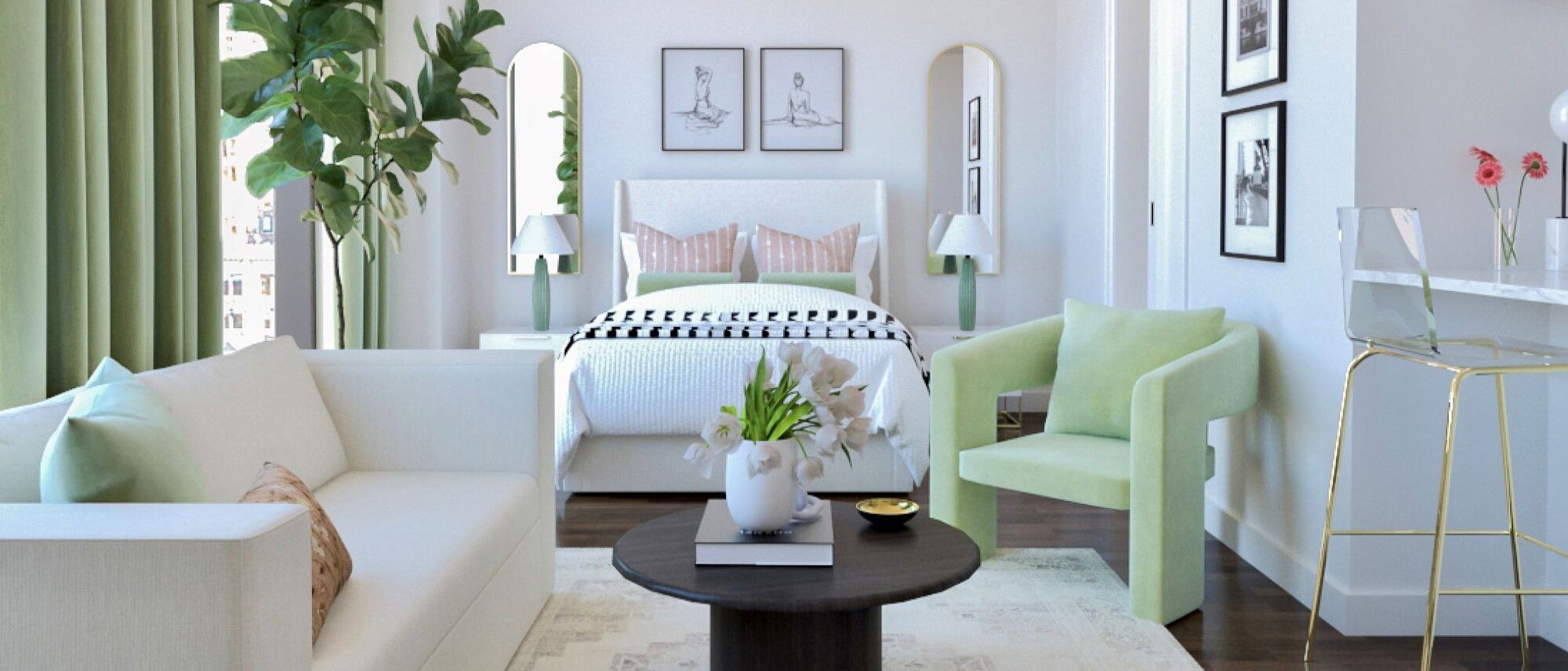 Diseño de interiores de apartamento tipo estudio fresco - Renderizado después
