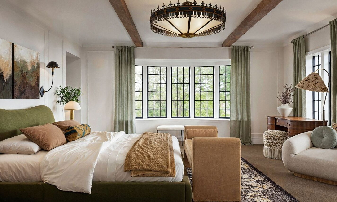 Modern Tudor Primary Bedroom by interior designers in Akron, Ohio