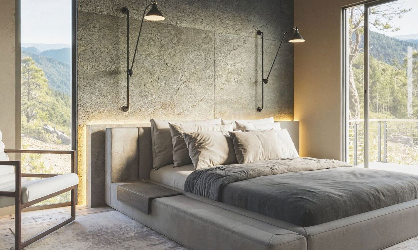 Minimalist Masculine Bedroom and Den by interior designers in Sandy Springs, Georgia