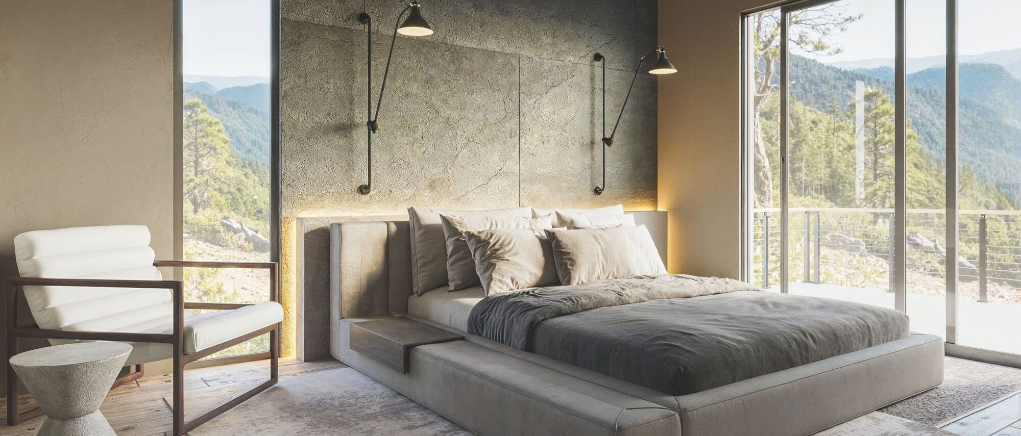 Minimalist Masculine Bedroom and Den by interior designers in Sandy Springs, Georgia