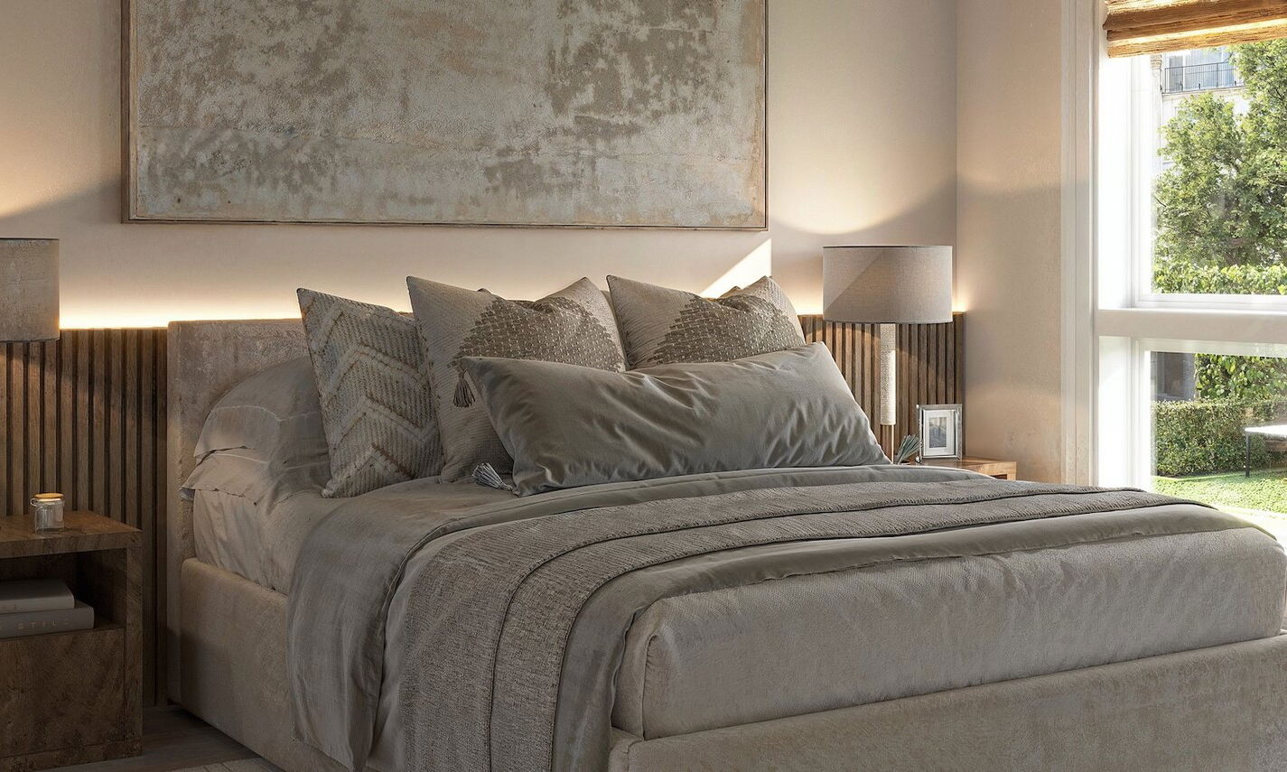 Modern Neutral Bedroom Design by interior designers in Saratoga, California