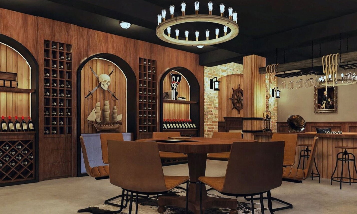 Dark Nautical & Pirate Family Basement Remodel by interior designers in El Cajon, California