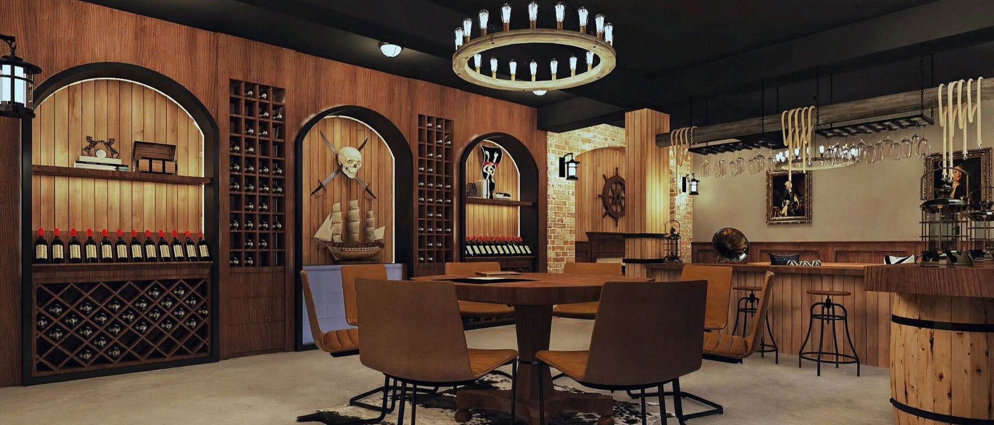 Dark Nautical & Pirate Family Basement Remodel by interior designers in El Cajon, California