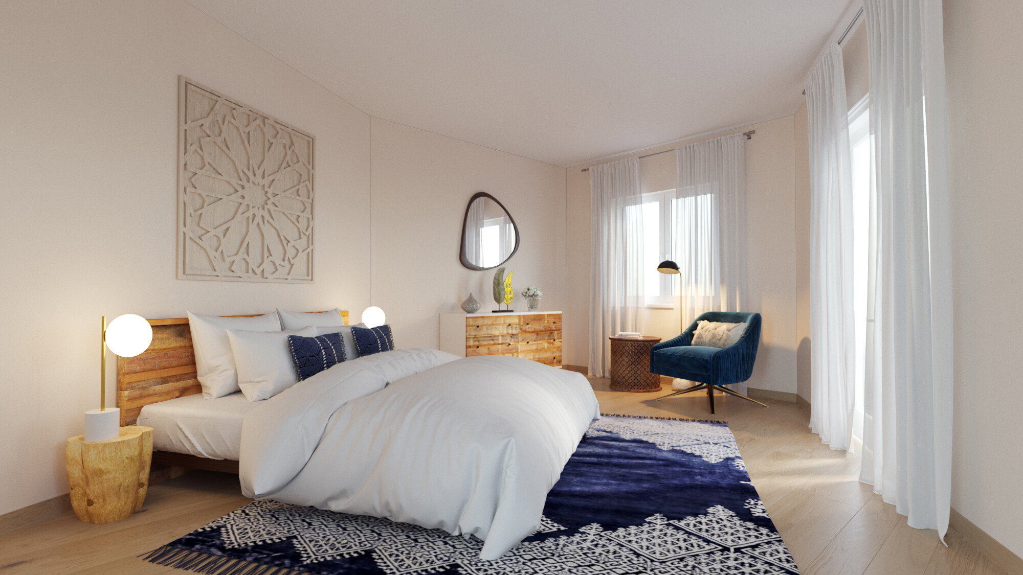 Renderizado contemporáneo orgánico del dormitorio principal y la habitación de los niños