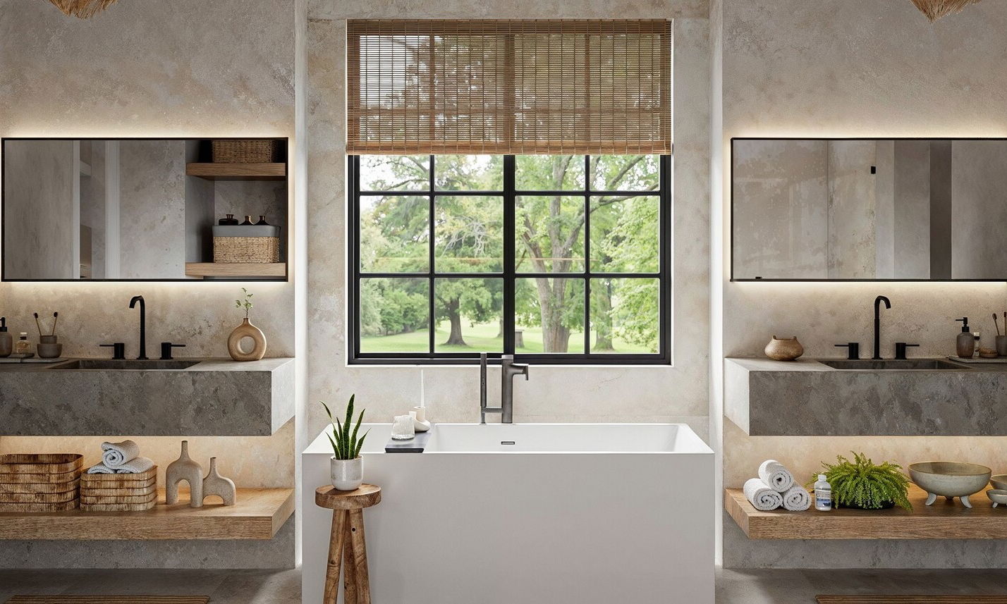 Bali Inspired Master Bathroom Design by affordable Orange County interior designers