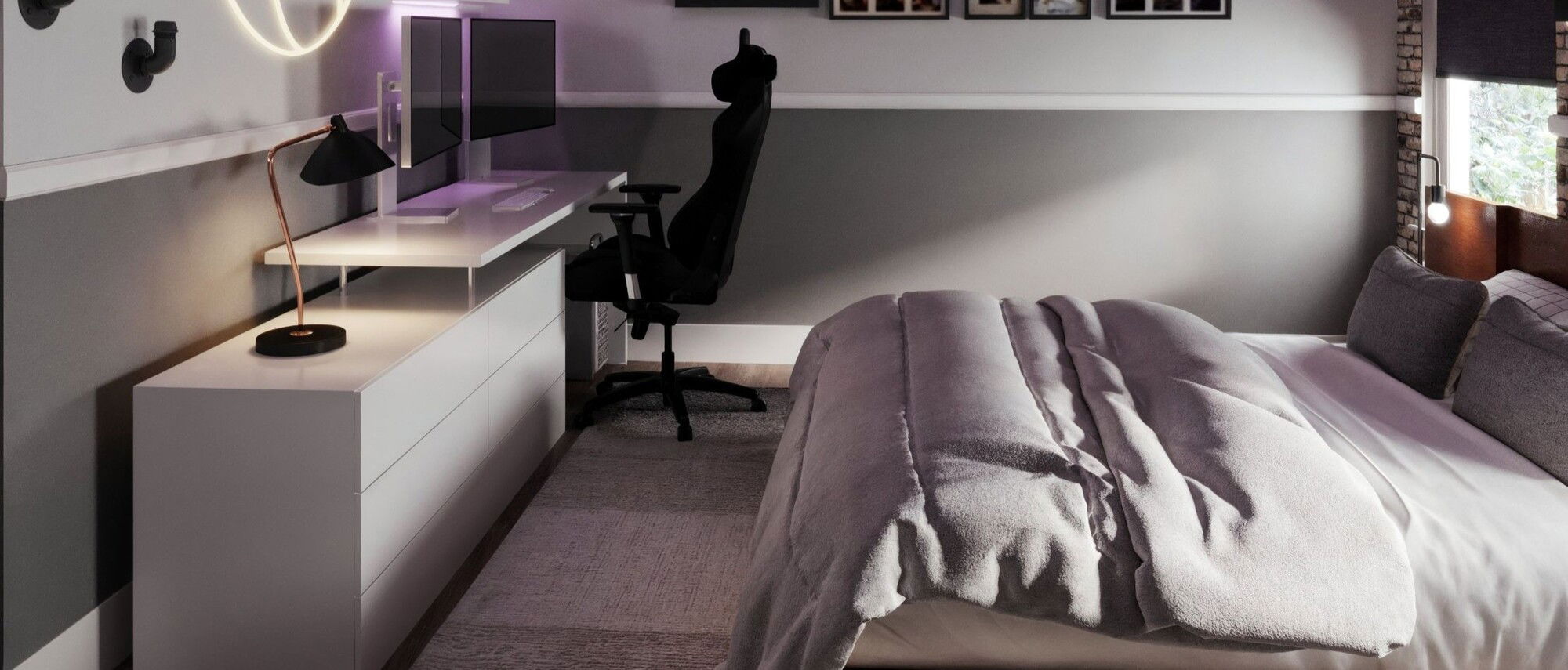 Industrial Teen Boy Room with Basketball Accents- After Rendering