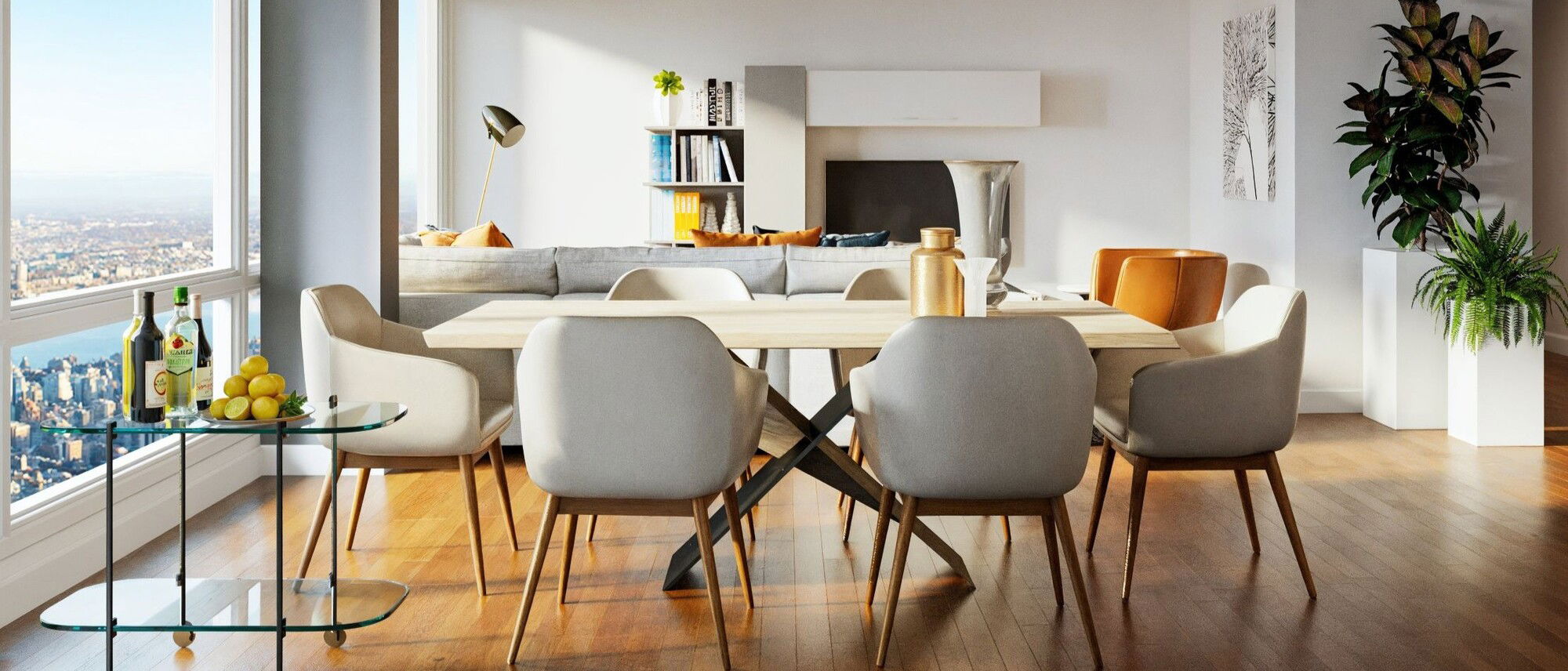 Sleek Apartment Design with Blue & Brown Pops by affordable Lowell interior designers