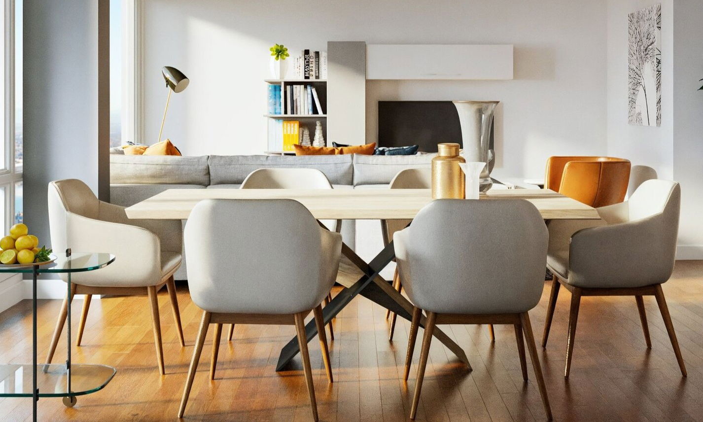 Sleek Apartment Design with Blue & Brown Pops by affordable New Hampshire interior designers