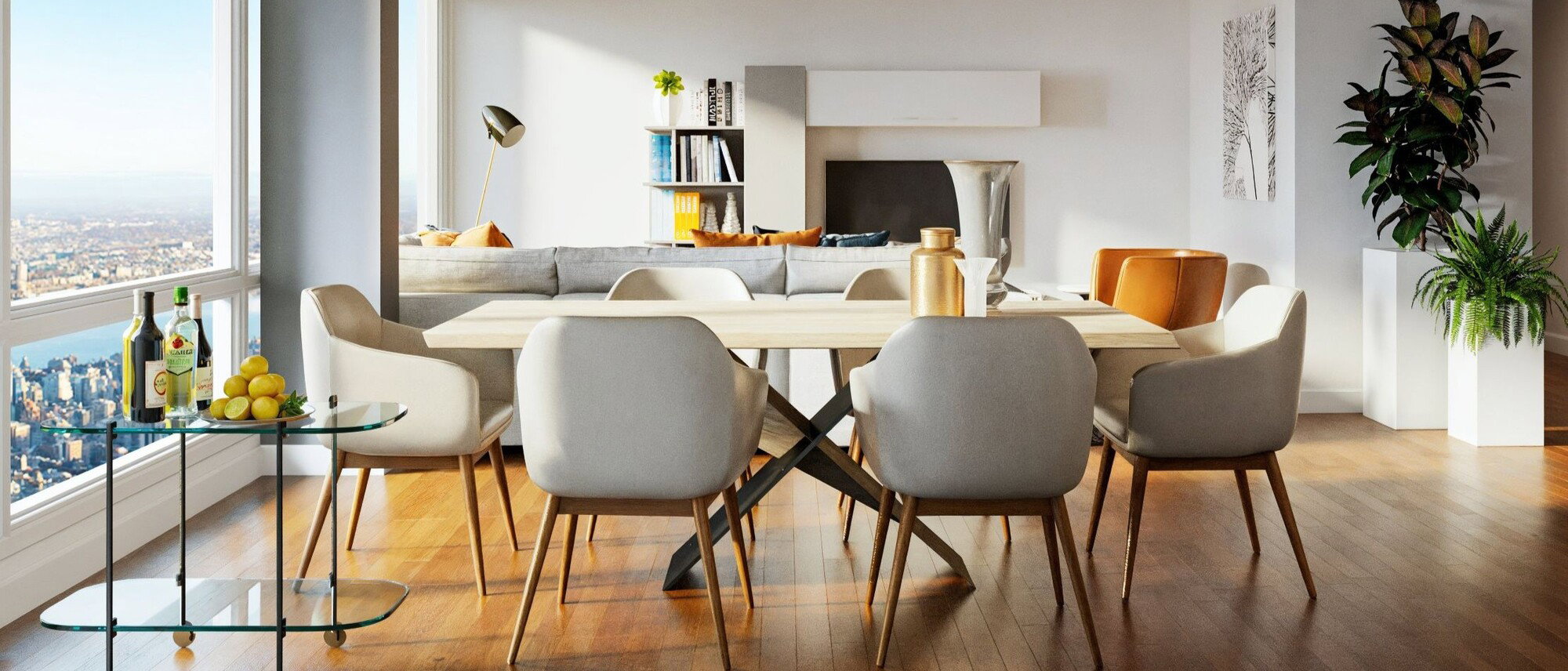 Sleek Apartment Design with Blue & Brown Pops-Denis After Rendering