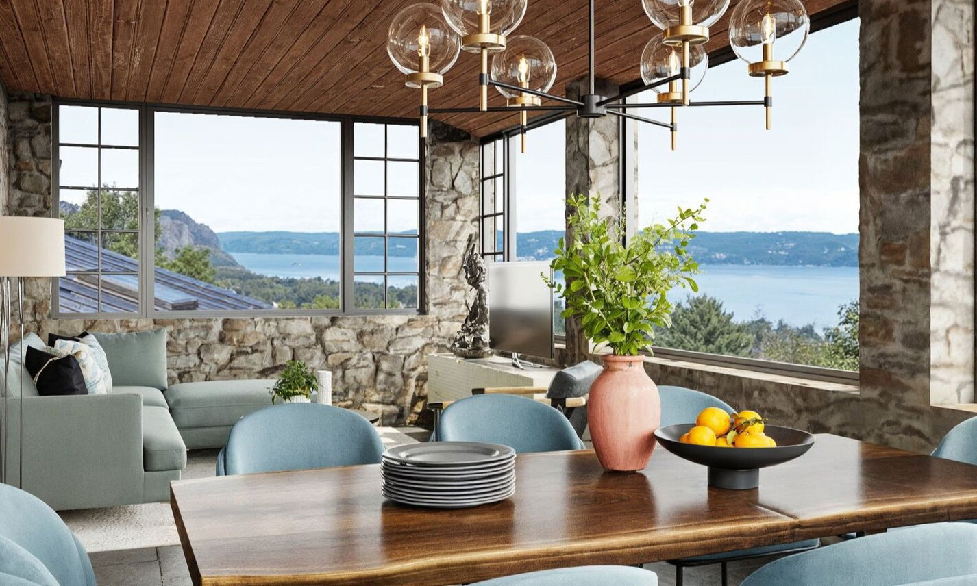 Mid Century Home with Stone Walls Sun Room