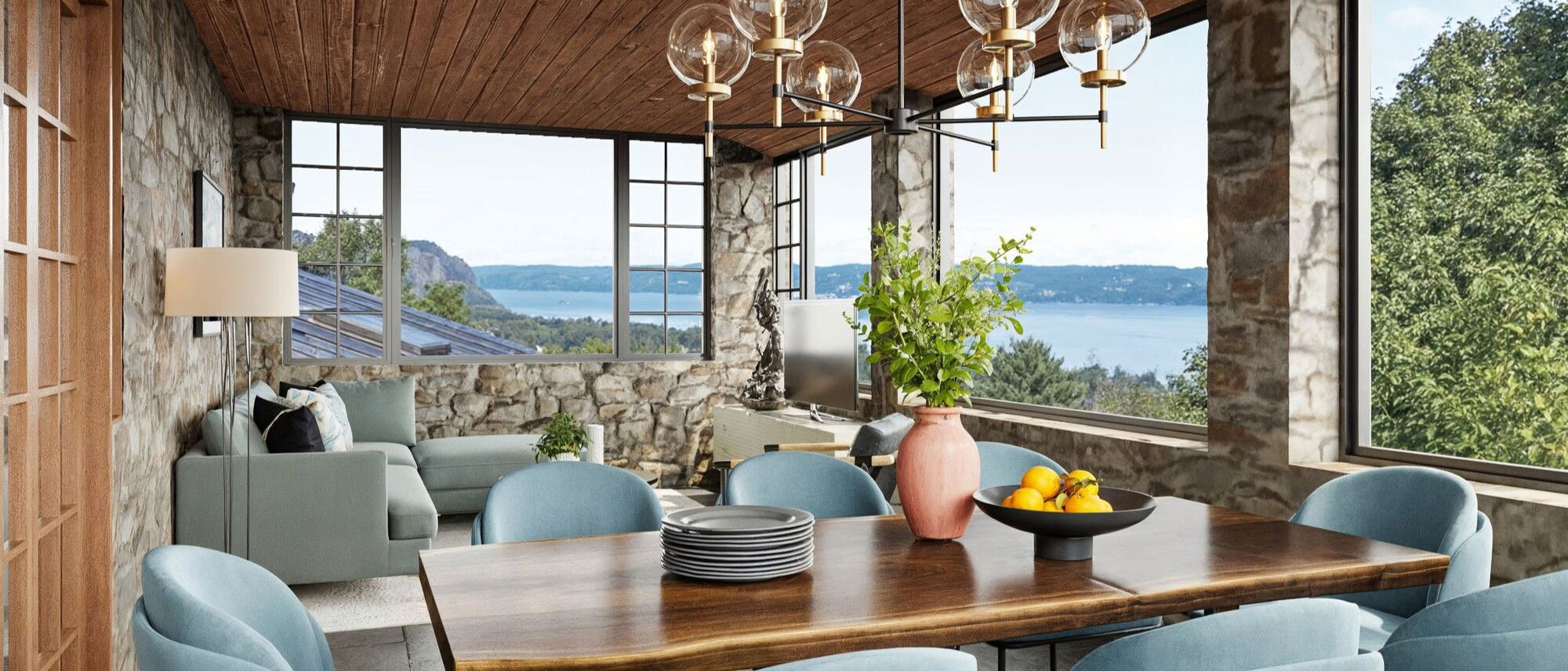 Mid Century Home with Stone Walls Sun Room