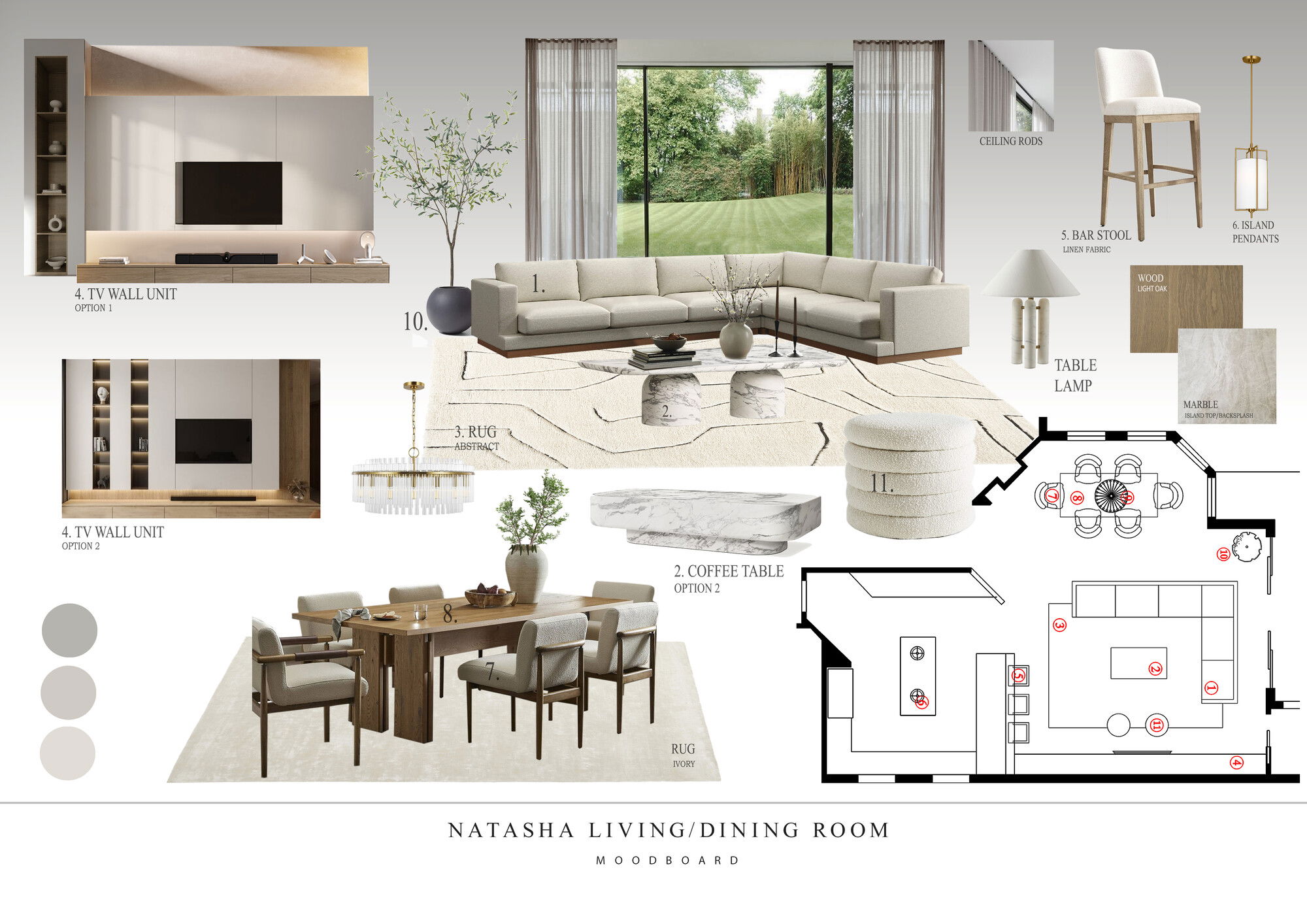 Ideas de Diseño de Interiores Combinadas de Sala-Comedor del Diseñador en Línea