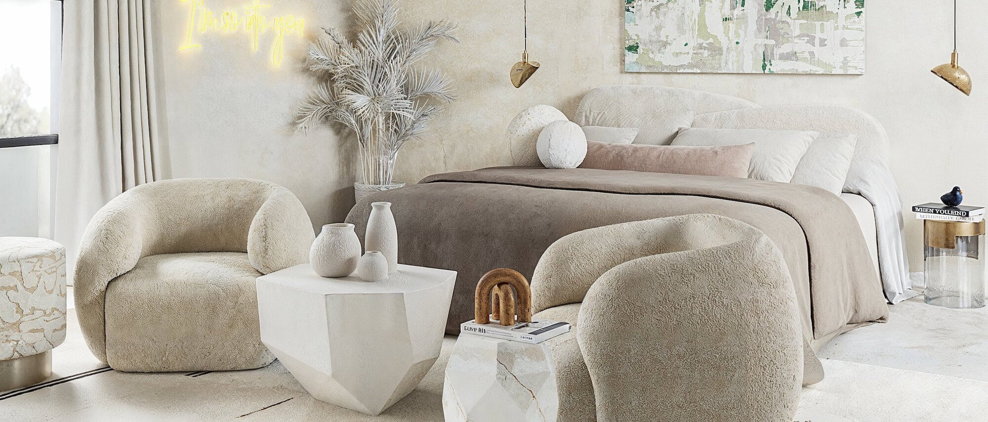 Neutral and Soft Contemporary Bedroom Design by interior designers in Inglewood, California