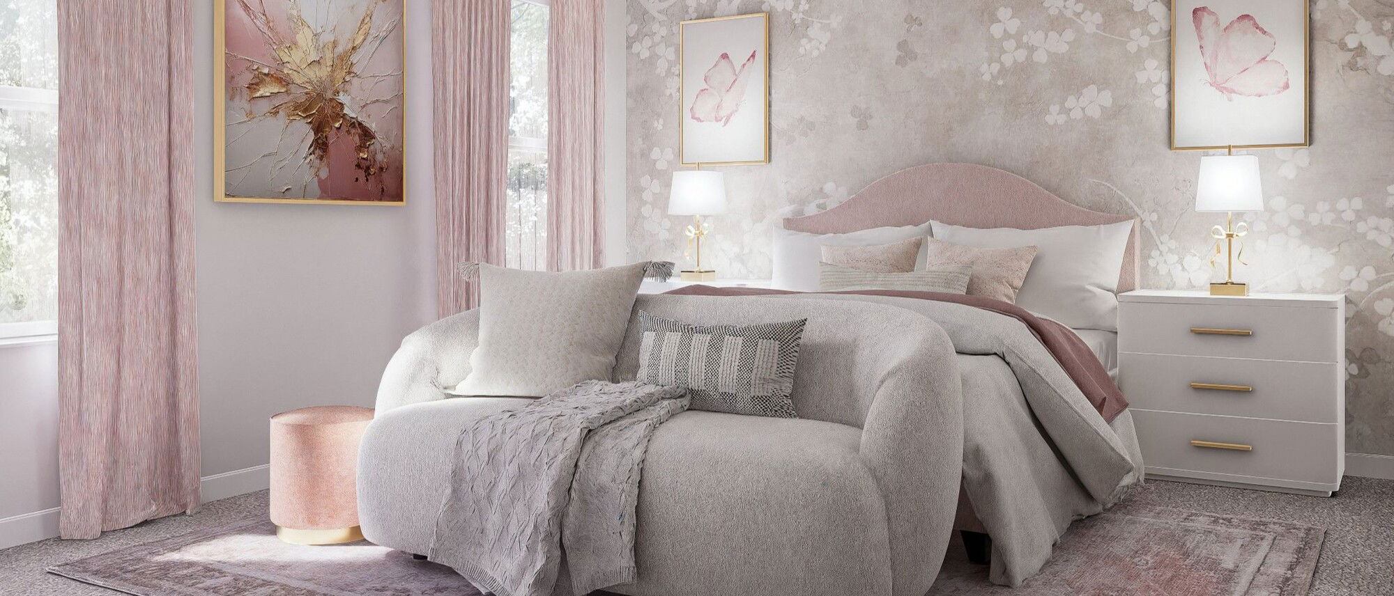 Girly Glam Sophisticated Bedroom Renovation- After Rendering