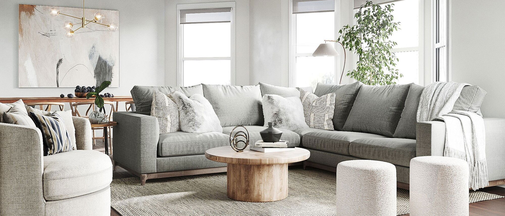 Cozy Rustic Modern Living & Dining Room by affordable Roseville interior designers