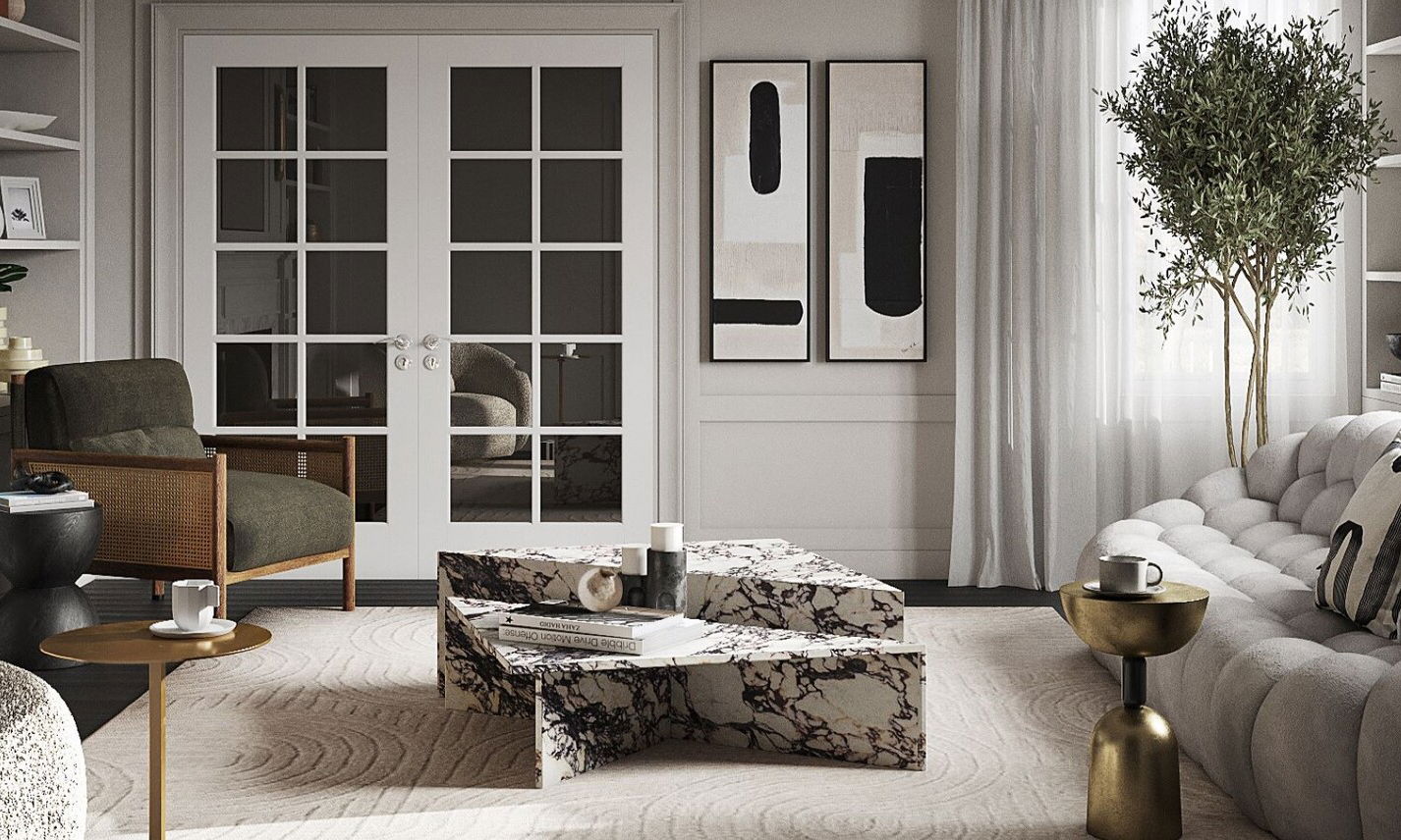 Bubble Curved Sofa Living Room Interior Design by interior designers in Lowell, Massachusetts