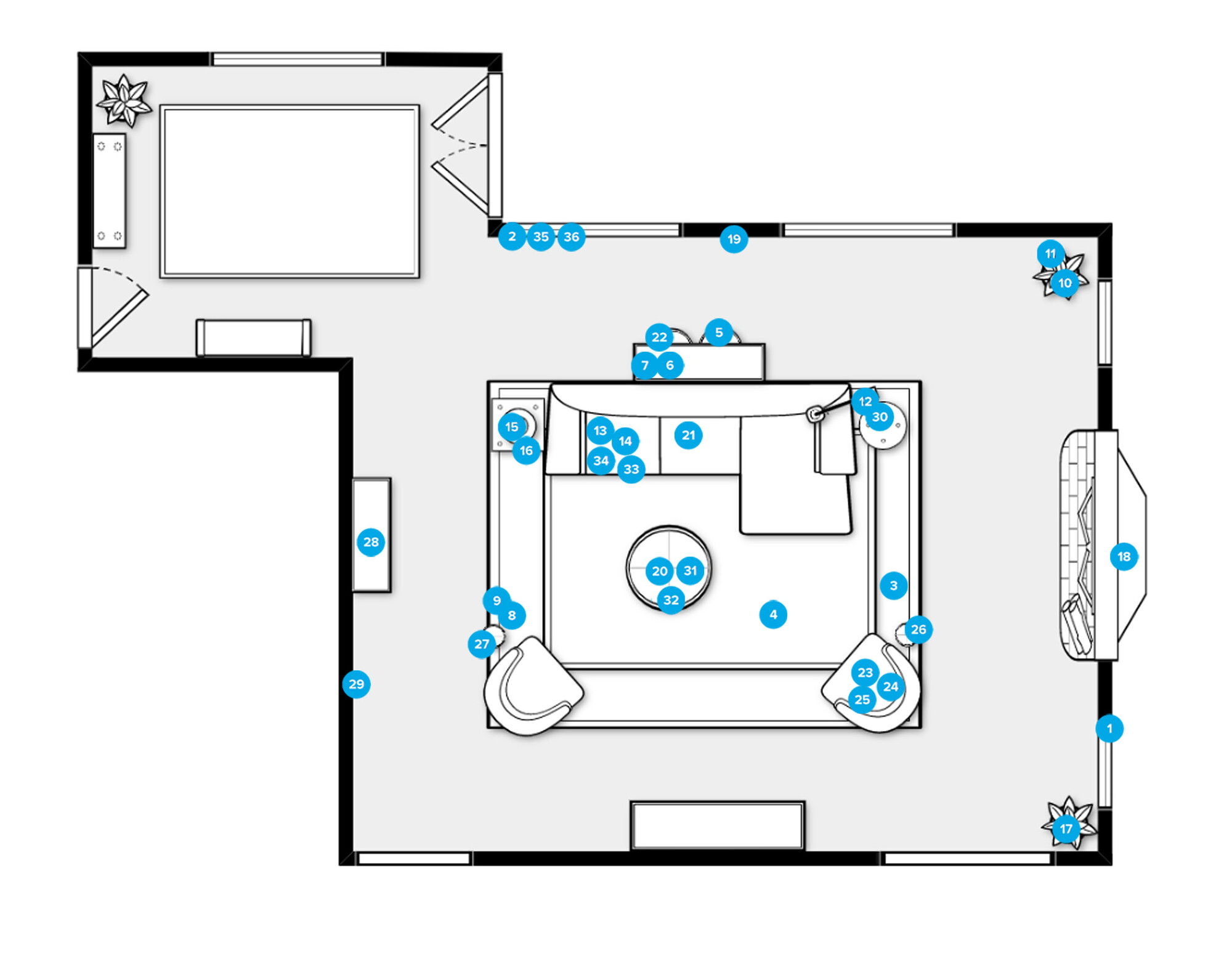 Plano de planta de sala de estar en línea