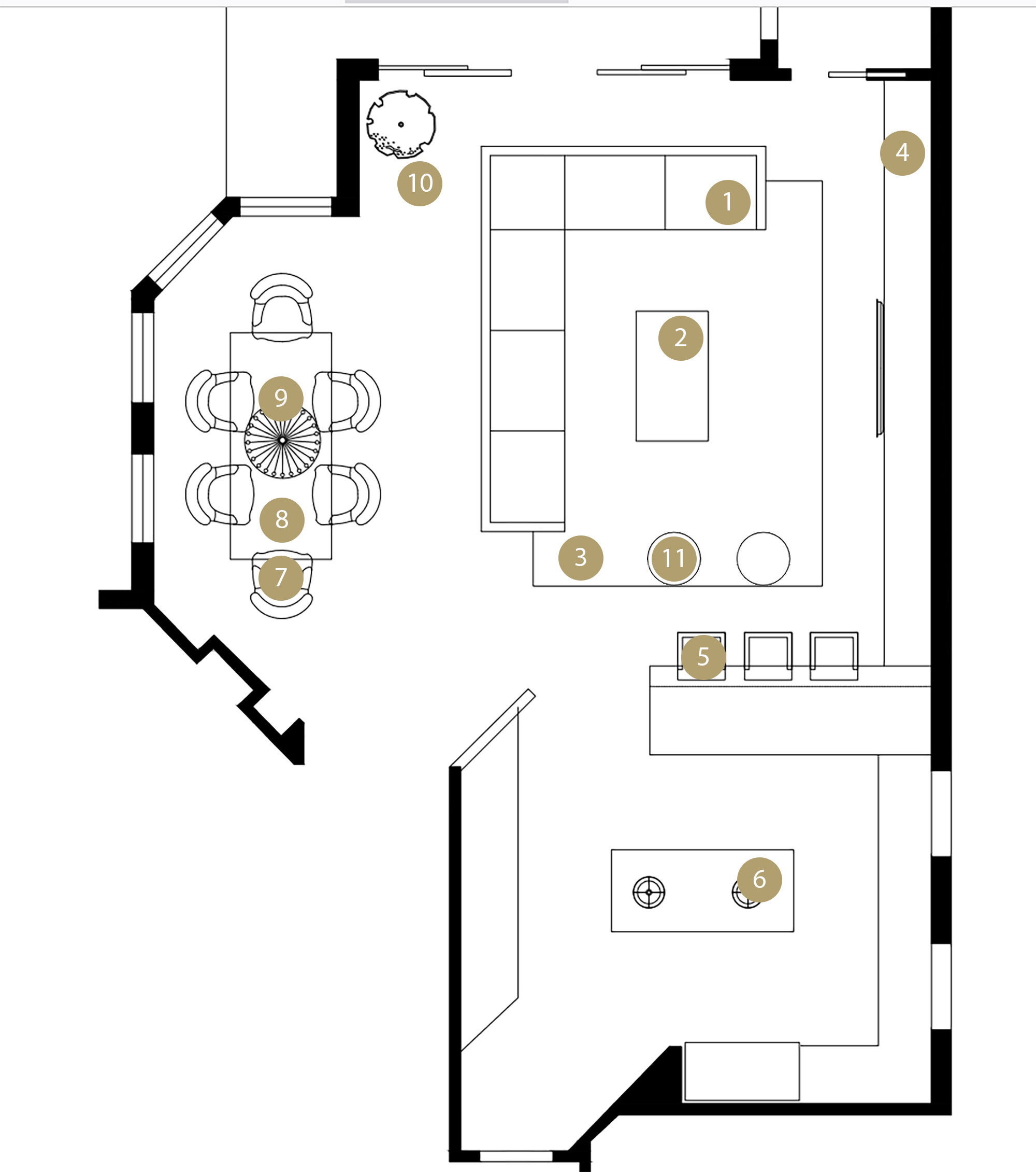 Plano de planta de sala de estar en línea