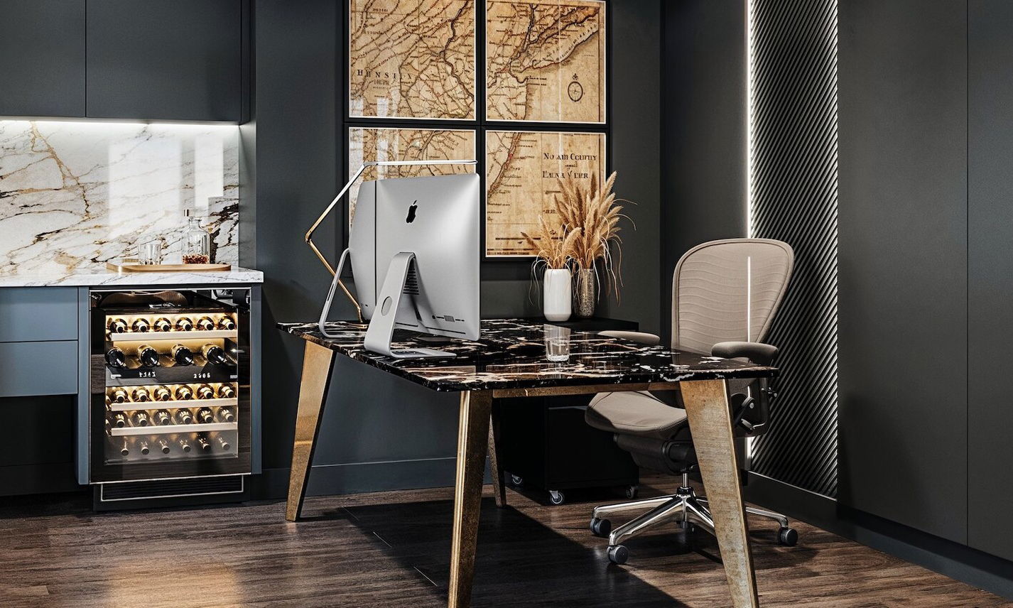 Luxe Masculine Glam Home Office by top Brooklyn interior designers