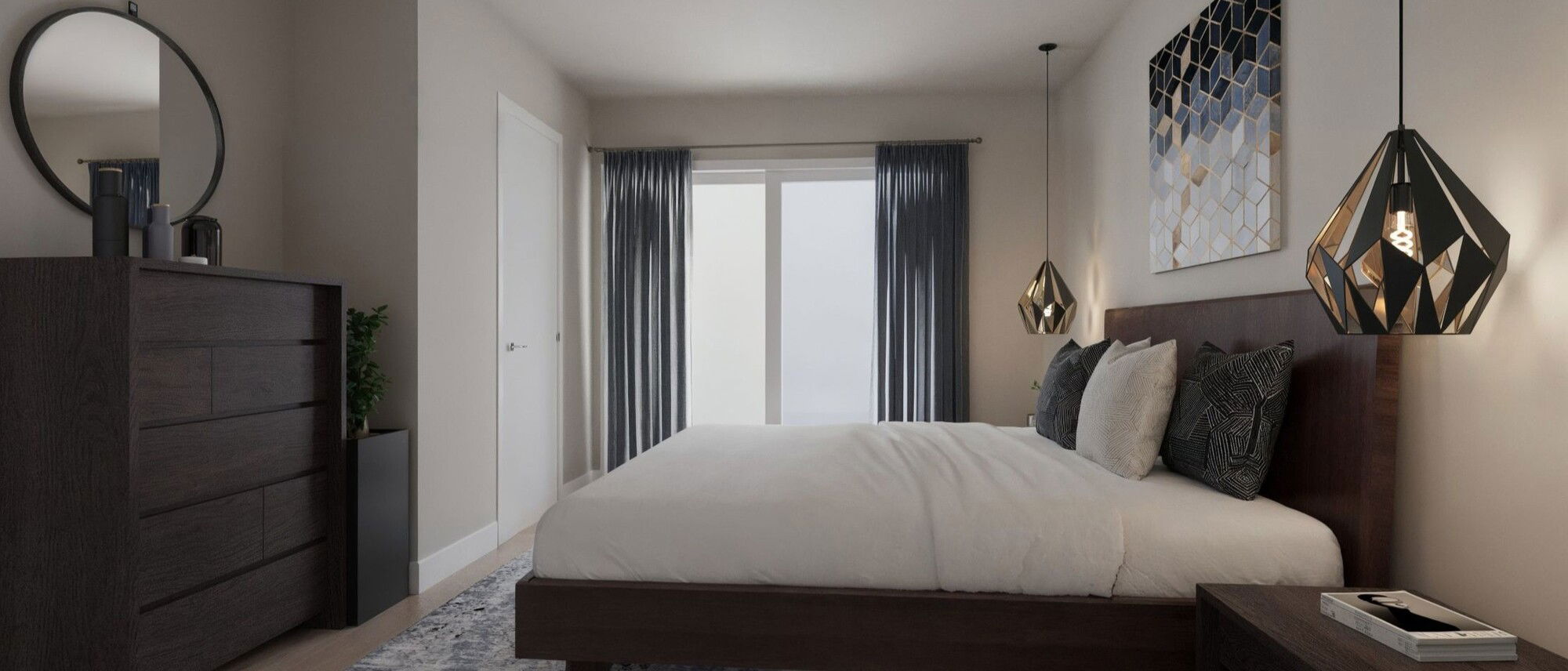 Diseño de interiores de casa de transición con acento azul - Renderizado después