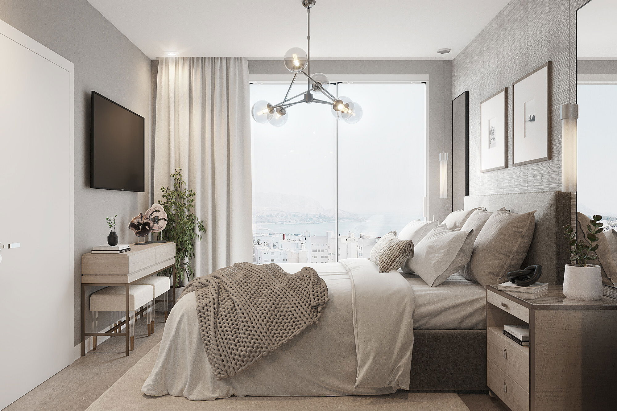 Diseño de Dormitorio con Papel Tapiz Plateado Elegante Renderizado thumb