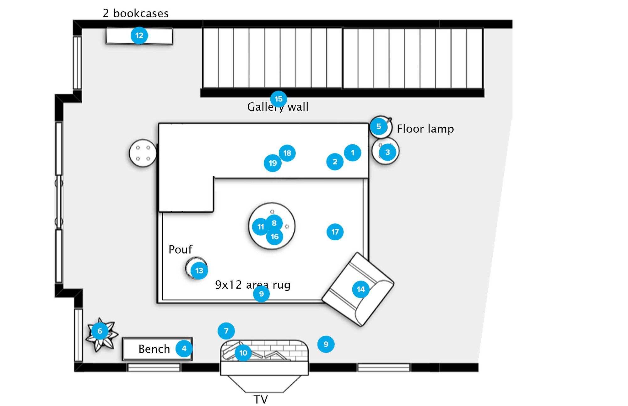 Plano de planta de sala de estar en línea