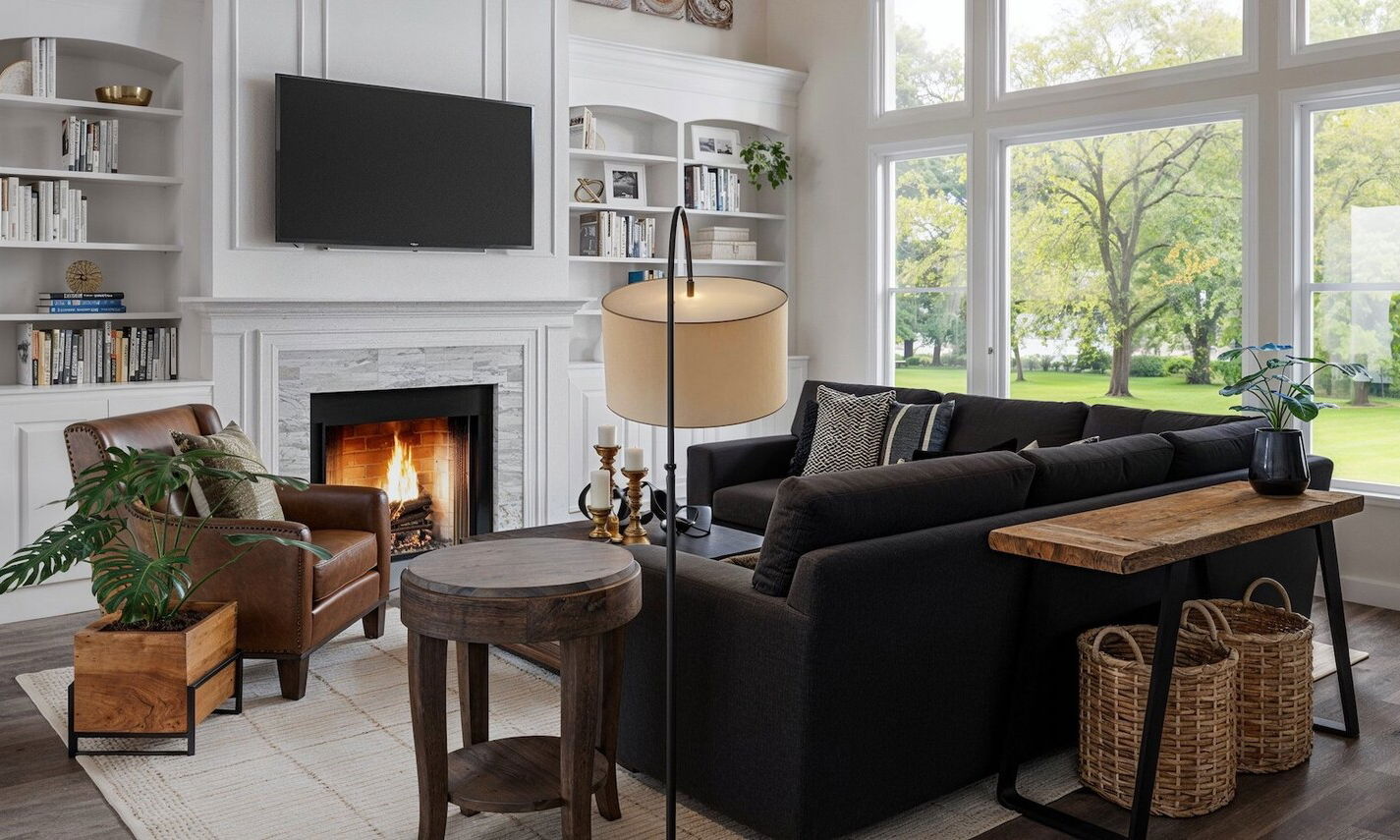 Rustic Home Design with Fireplace by affordable Dayton interior designers