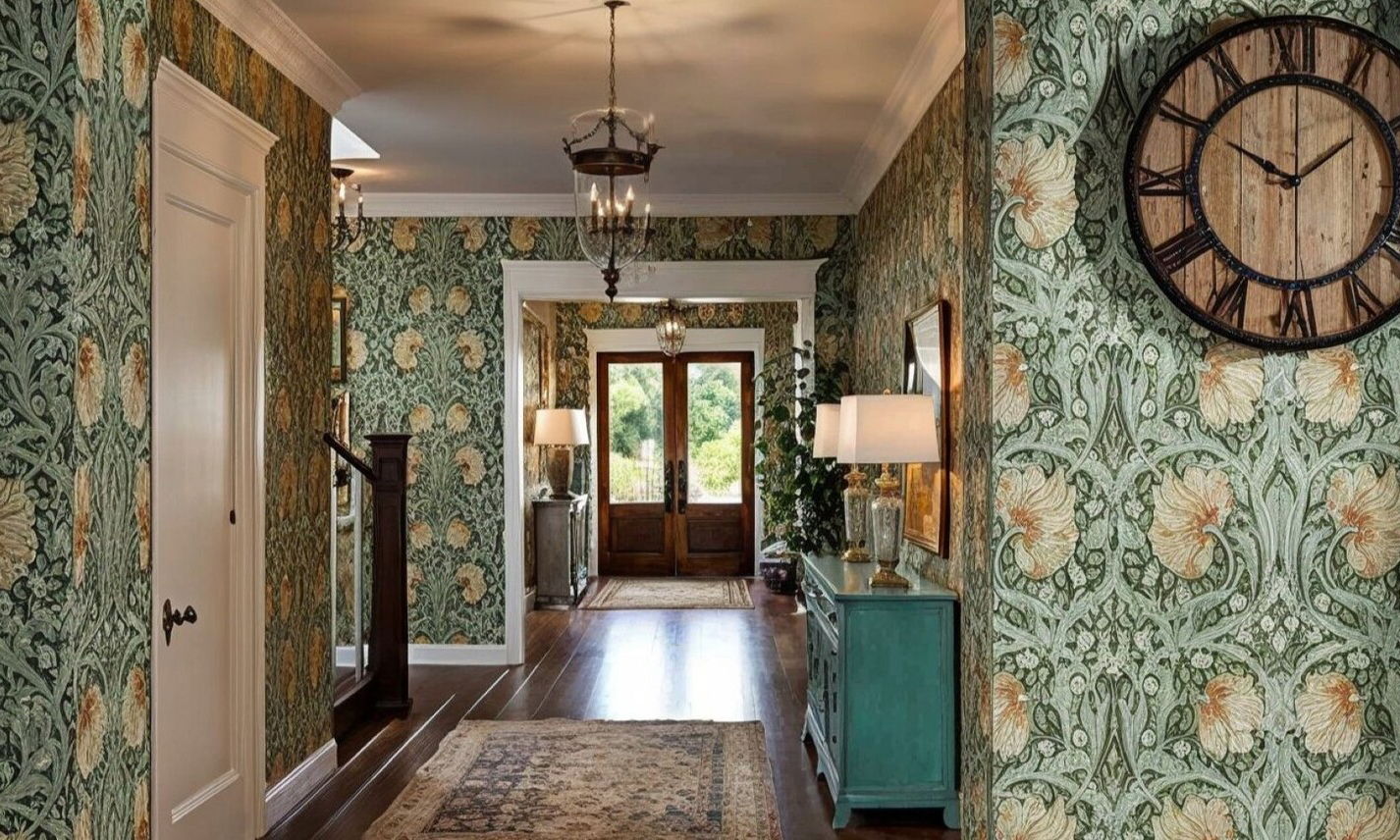 Feminine Green Eclectic Hallway Interior Design by interior designers in Asheville, North Carolina