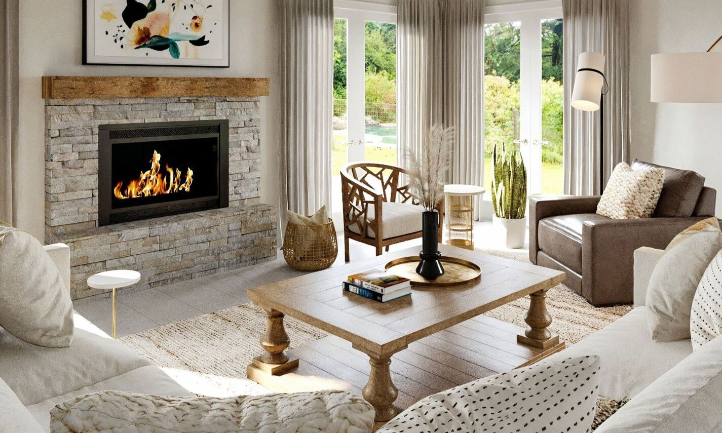 Coastal Living & Dining with Stone Fireplace by interior designers in Austin, Texas