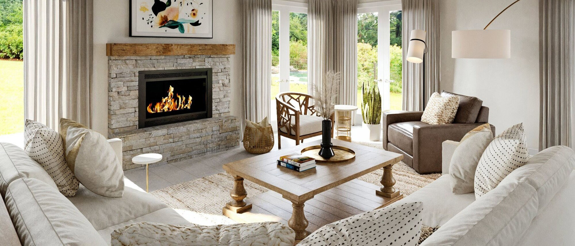 Coastal Living & Dining with Stone Fireplace by top Austin interior designers