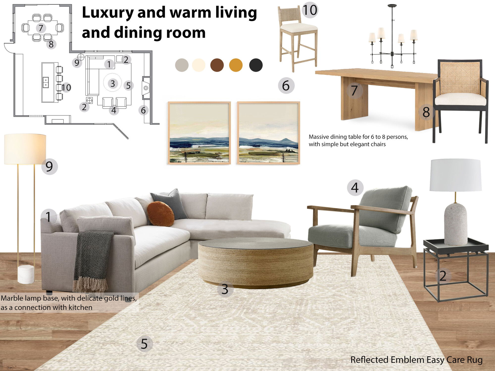 Ideas de Diseño de Interiores Combinadas de Sala-Comedor del Diseñador en Línea
