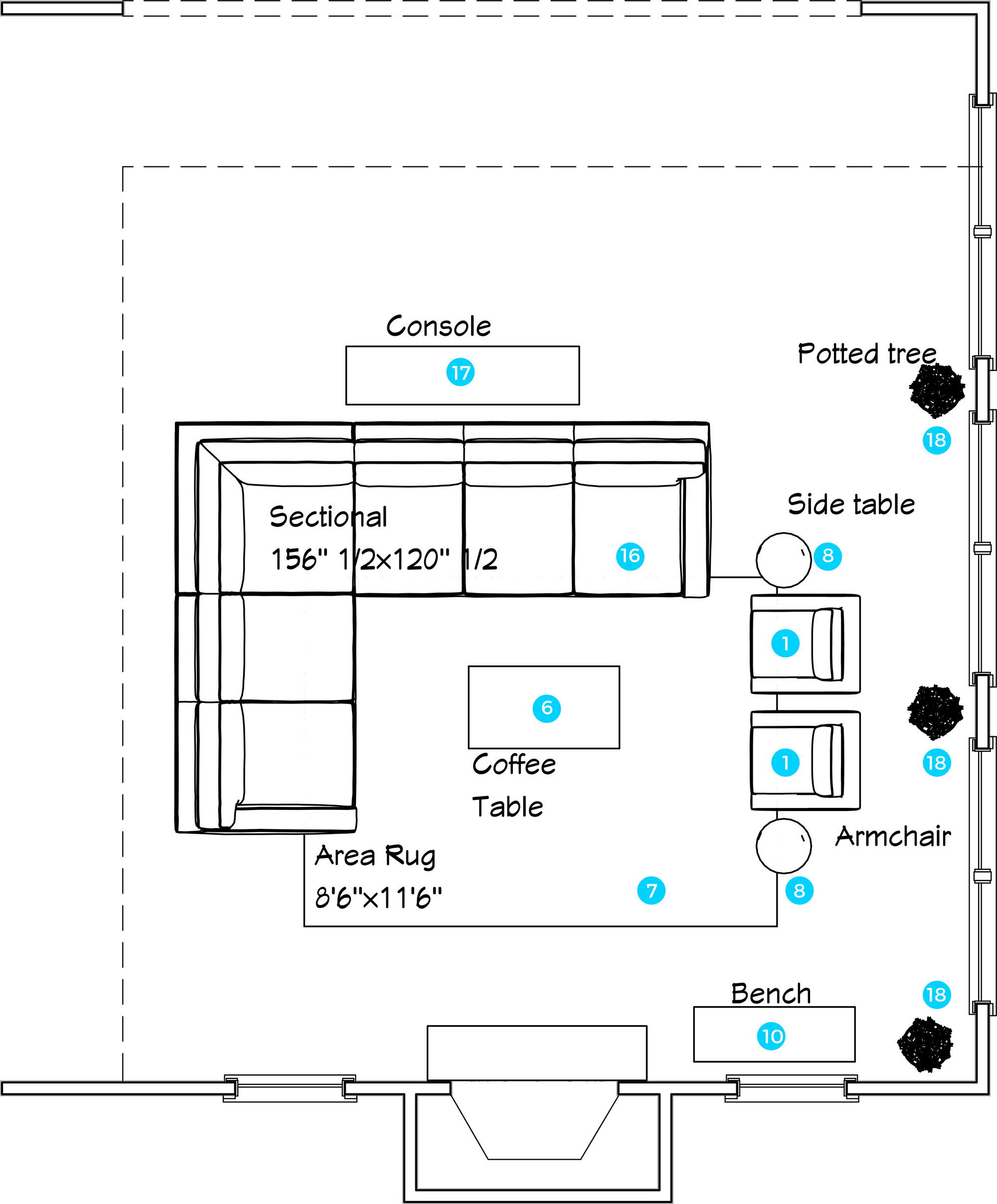 Plano de planta de sala de estar en línea