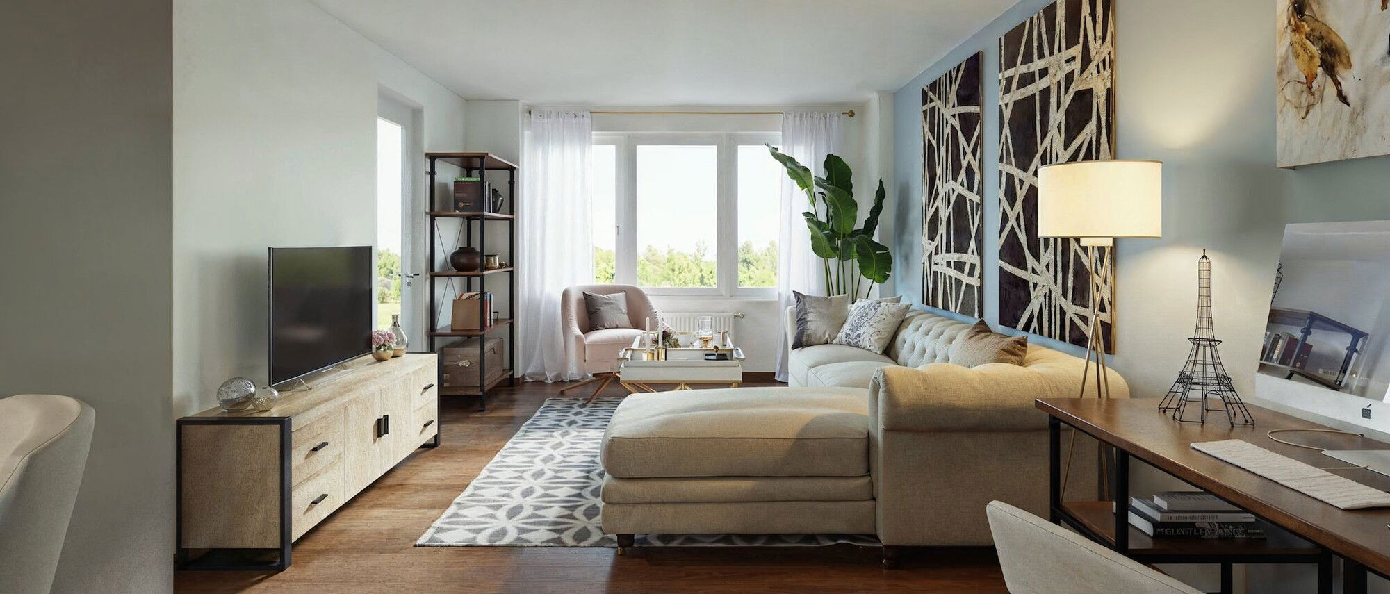 Diseño de sala moderna, comedor y dormitorio - Renderizado después