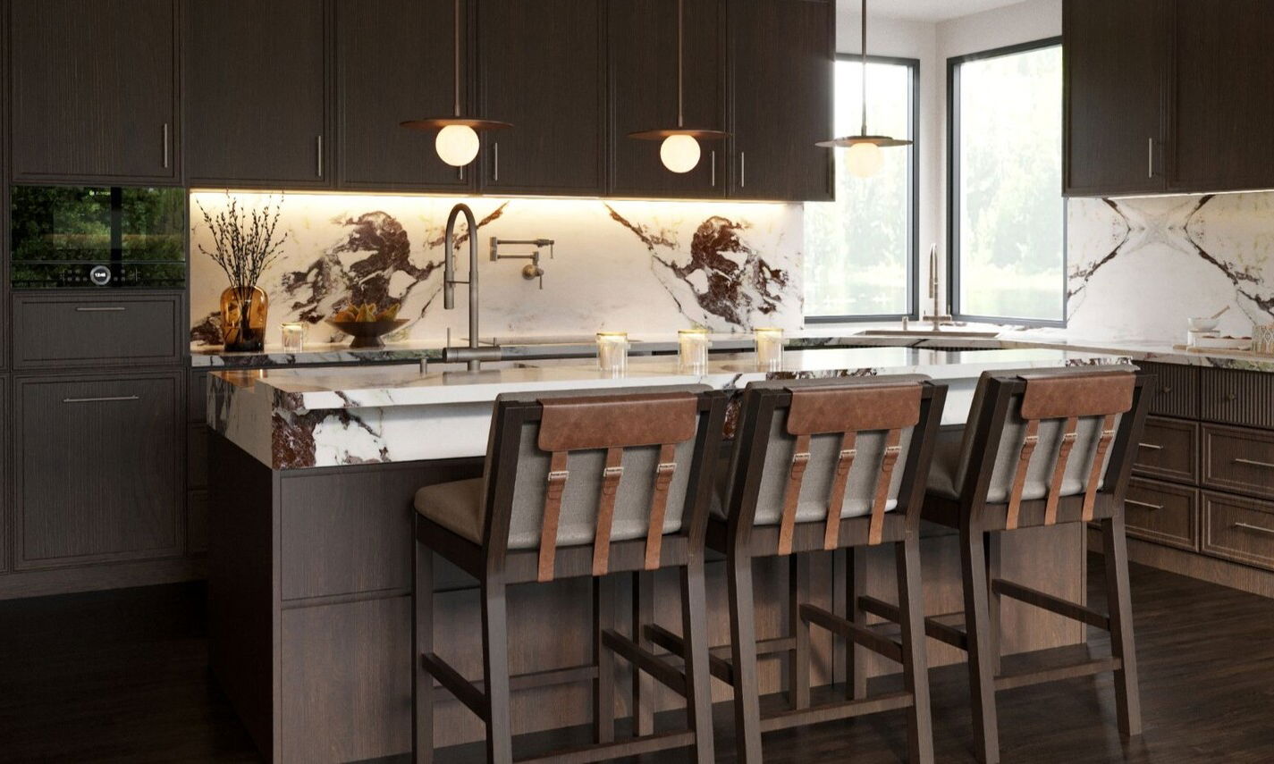 Warm Minimalist Marble Kitchen Renovation by top Birmingham interior designers