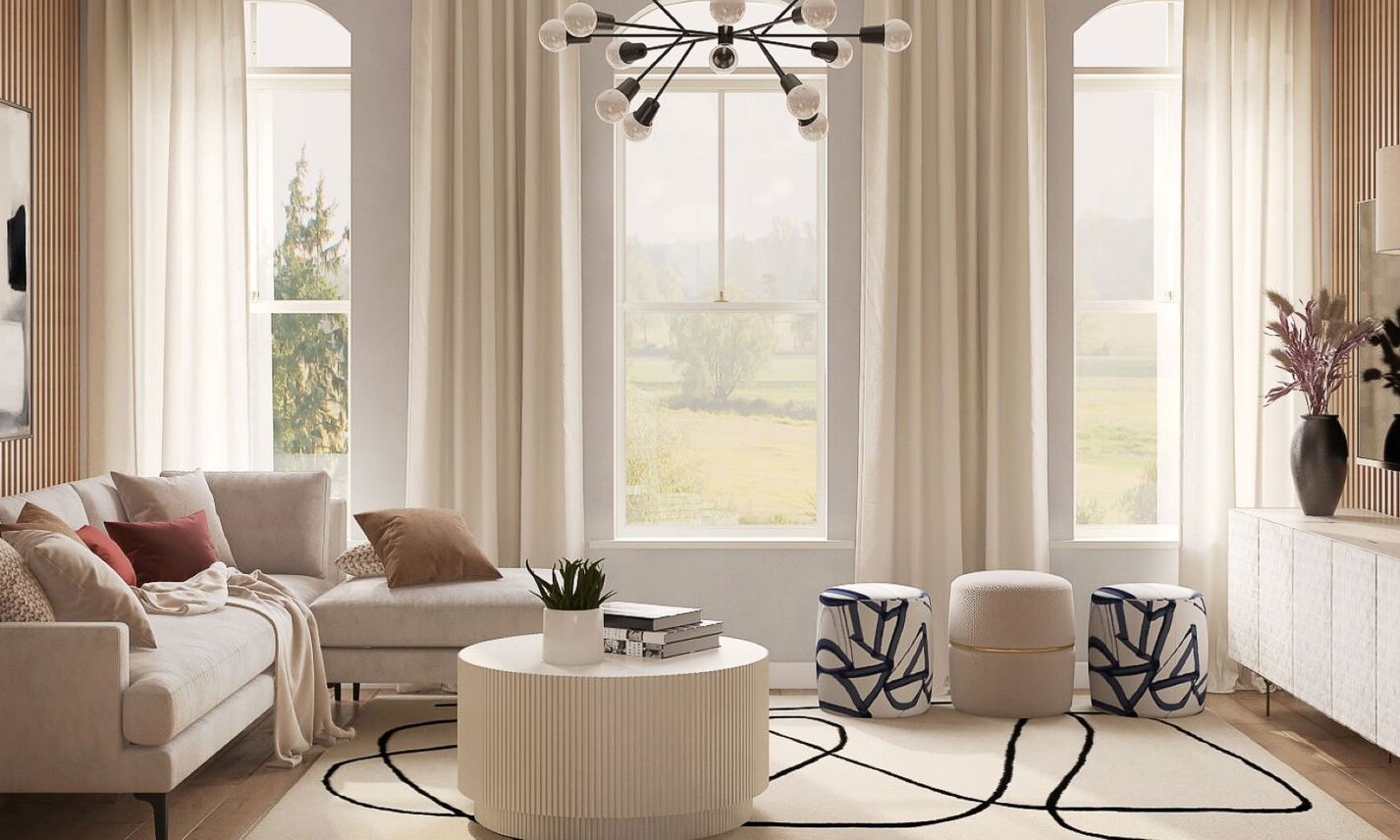 Neutral Living Room with Pop of Color by affordable Richmond interior designers