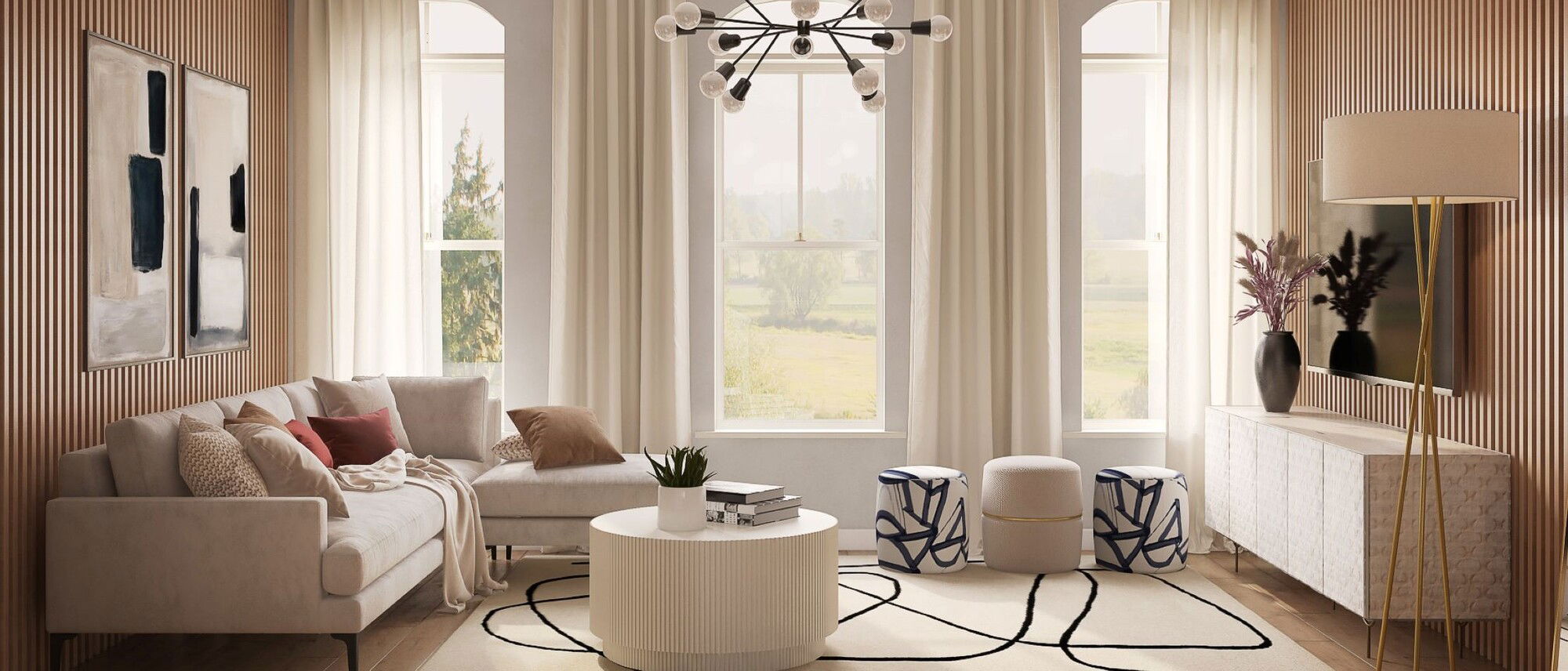 Neutral Living Room with Pop of Color by interior designers in Richmond, Virginia