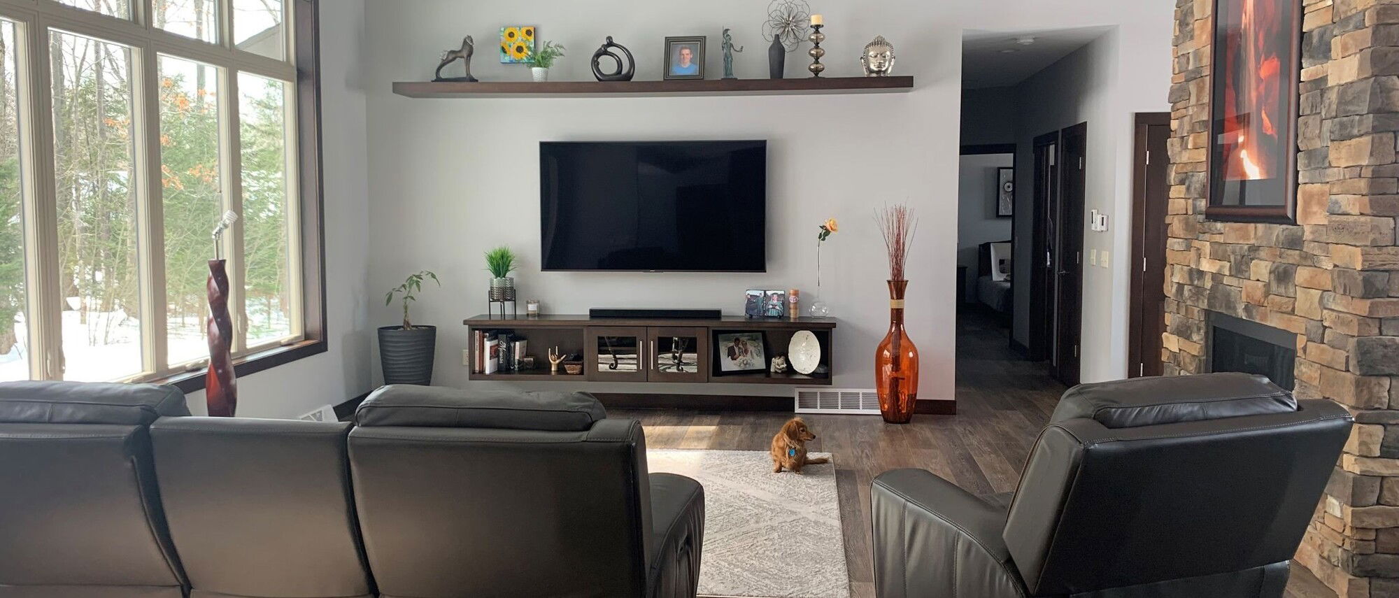 Contemporary Stone Fireplace Living Room- Before Photo