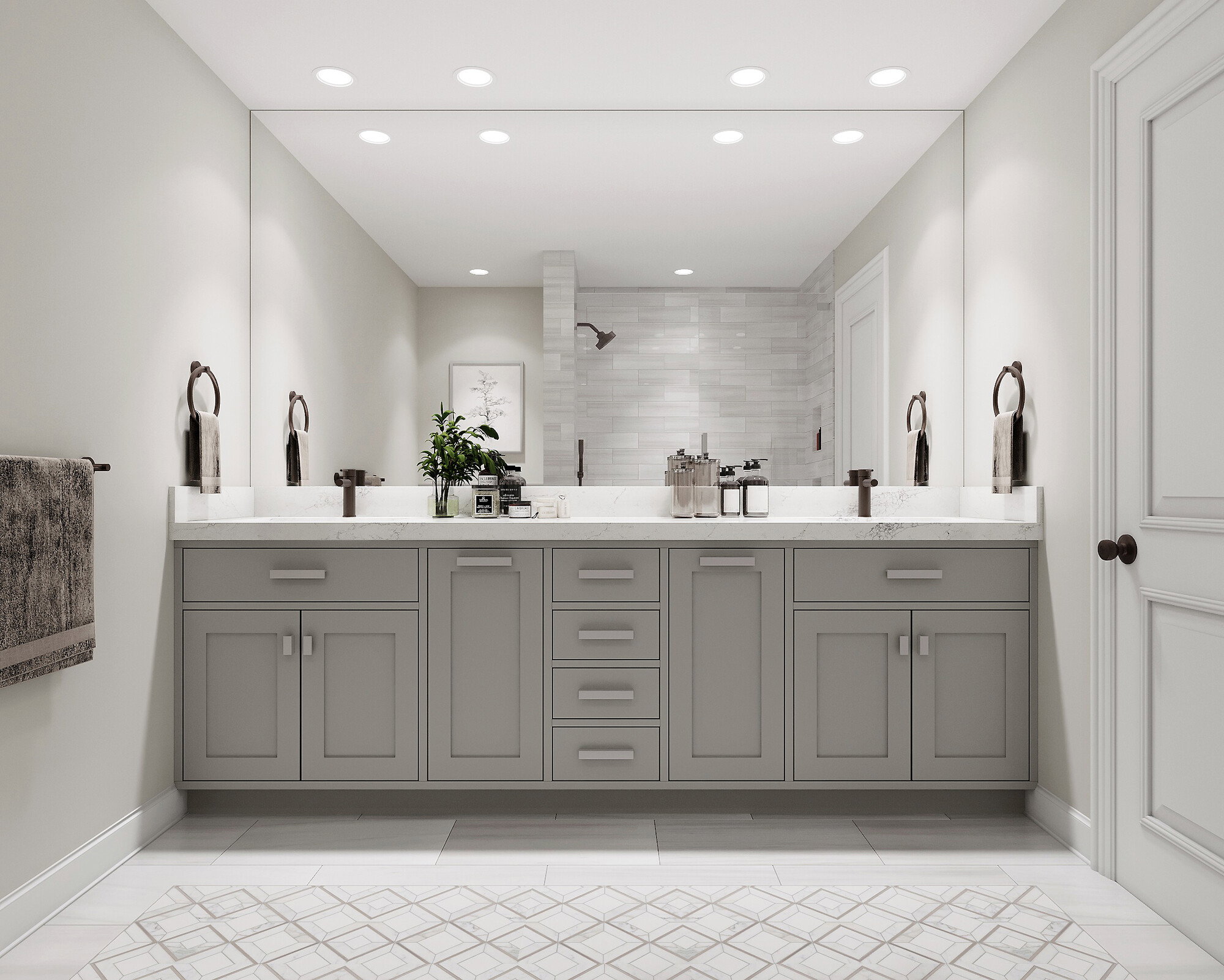 Representación de Diseño de Baño Transicional en Gris Calmante