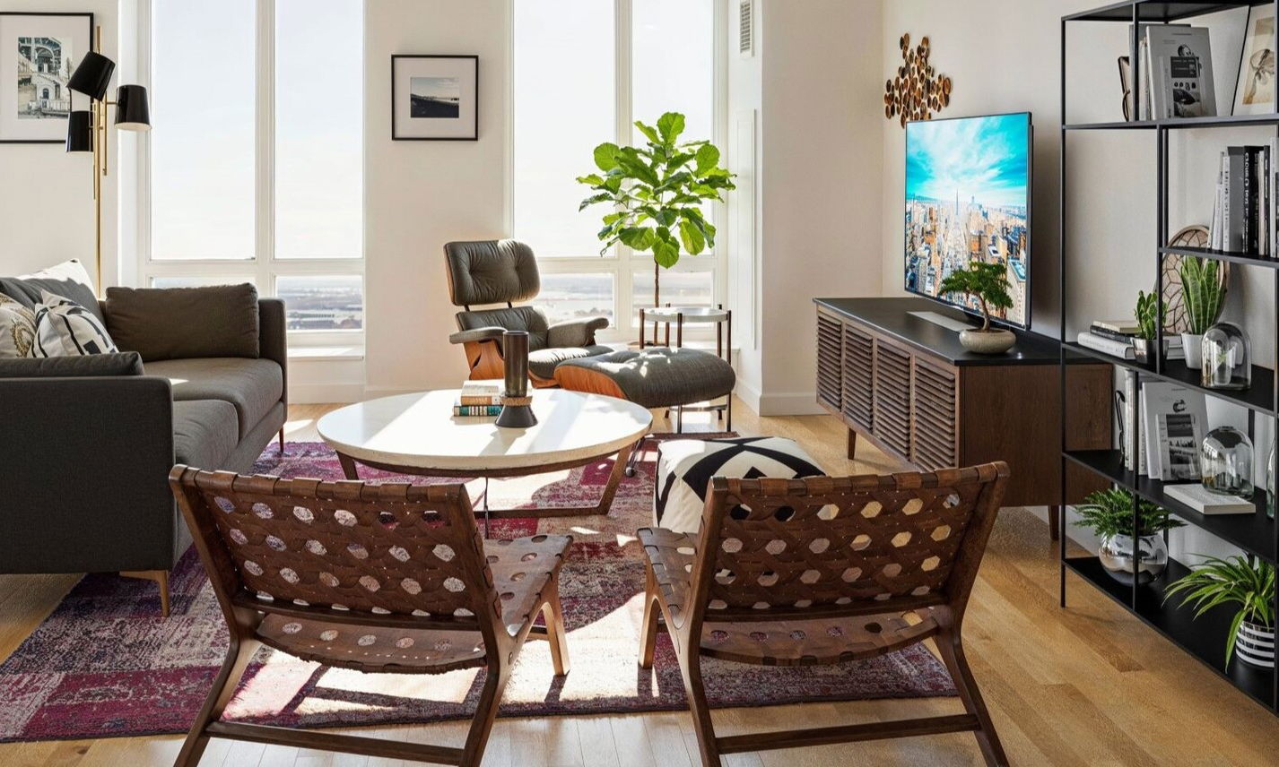 Warm Contemporary Open Concept Living & Dining by interior designers in Manchester, New Hampshire