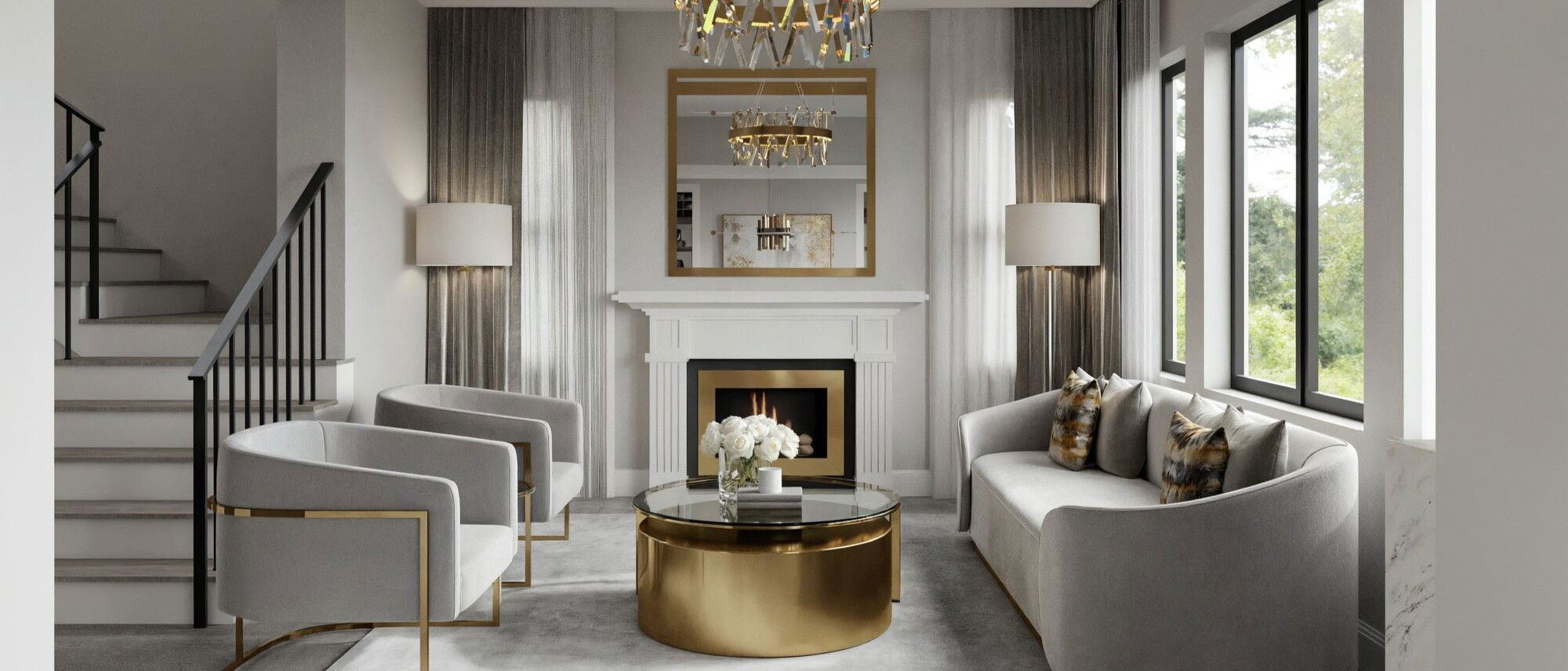 Modern Glam Living Room and Dining Room- After Rendering